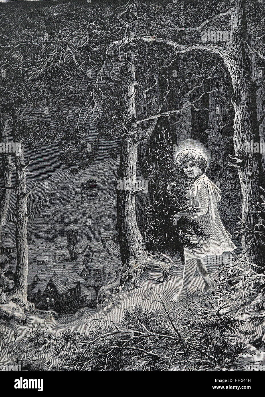 Abbildung in eine Englische Veröffentlichung, ein himmlisches Kind, Abbildung mit einem geschmückten Weihnachtsbaum durch einen Wald auf dem Weg zu einem Dorf. 1891 Stockfoto