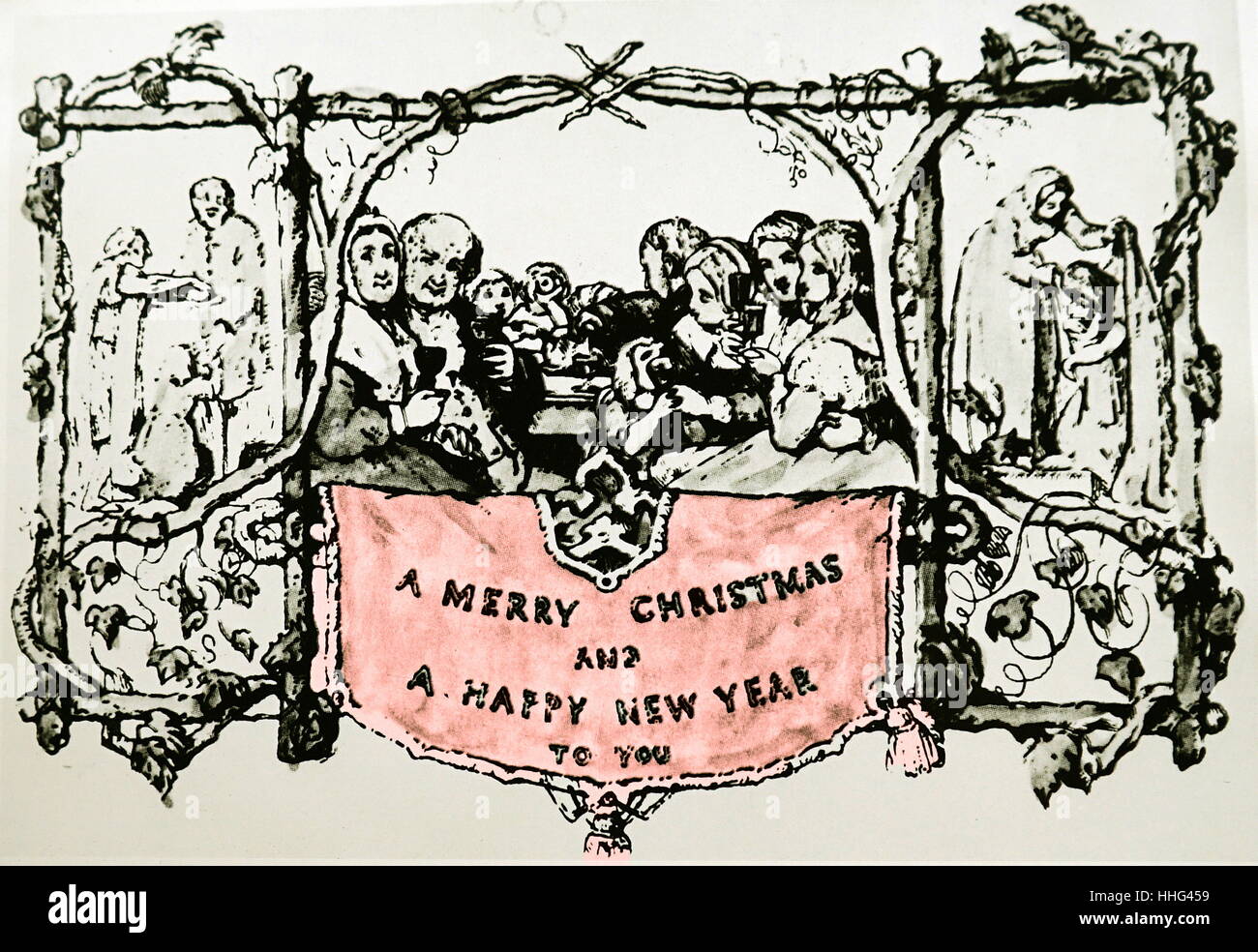 Sir Henry Cole von London konzipiert Das erste Weihnachten im Jahr 1843. Cole beauftragt, sein Freund, der Künstler John Calcott Horsley, Weihnachtspost, dass seine saisonale schreiben viele Buchstaben ersetzen würde. Horsley, eine Zukunft, Mitglied der Königlichen Akademie, illustriert eine festliche viktorianischen Familie flankiert von karitativen Bilder von Nahrung und Kleidung für die Armen. Er sein Design mit twisted Branchen Holz und Ivy gerahmt, fügte hinzu: "Ein frohes Weihnachtsfest und ein glückliches Neues Jahr", und Namensräume für Sender und Empfänger. Schätzungsweise tausend Exemplare dieser 3'x5' Karte gedruckt wurden Stockfoto