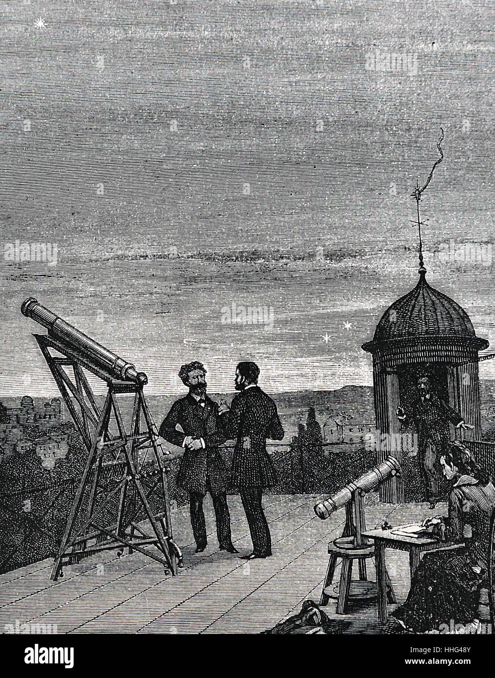 Mit einem kleinen Refraktor Merkur, Venus und Jupiter vom Dach der Pariser Sternwarte im Jahr 1868 zu beobachten. Weibliche Assistant (rechts), als Recorder der Beobachtungen. Stockfoto