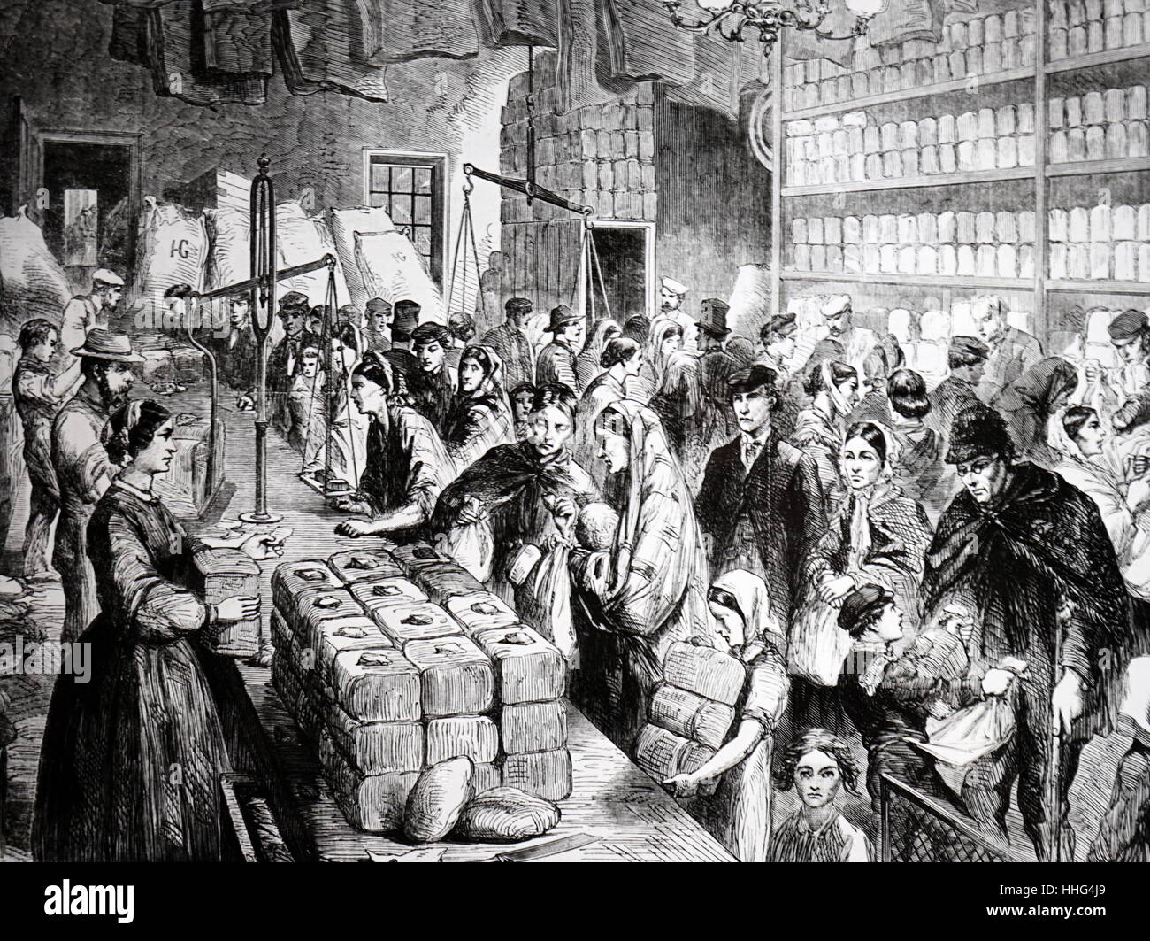 Die Baumwolle Hungersnot (Lancashire Cotton Hunger). Lebensmittelgeschäft, in denen Waren im Austausch für Tickets durch die Manchester und Salford Bezirk fürsorgliche Gesellschaft für die Opfer der Hungersnot ausgestellt wurden. Stockfoto