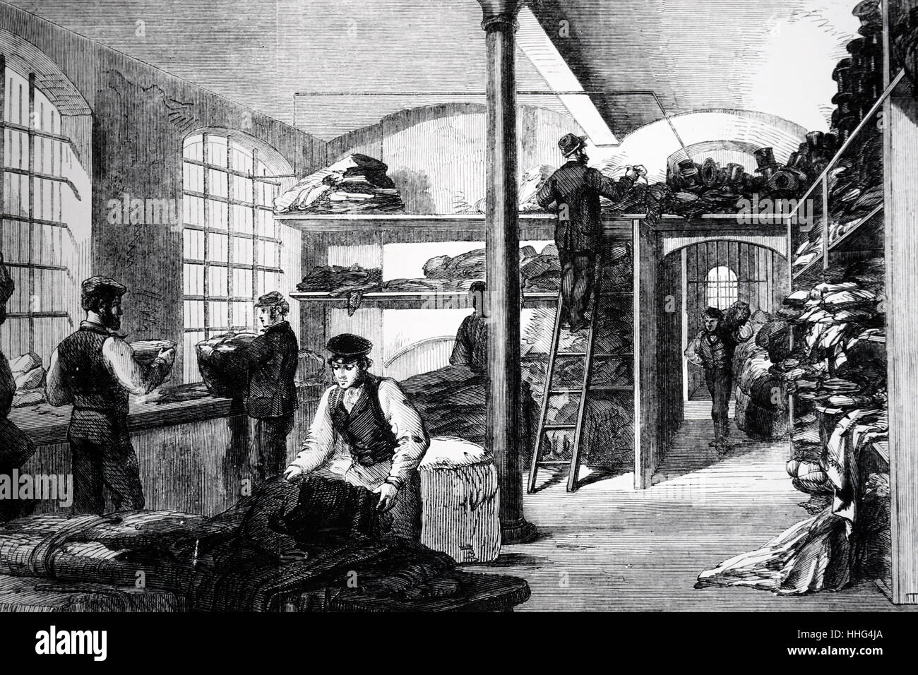 Die Baumwolle Hungersnot (Lancashire Baumwolle Hungersnot). Gaben der Kleidung am Bridwell Hospital in London gesammelt. Stockfoto