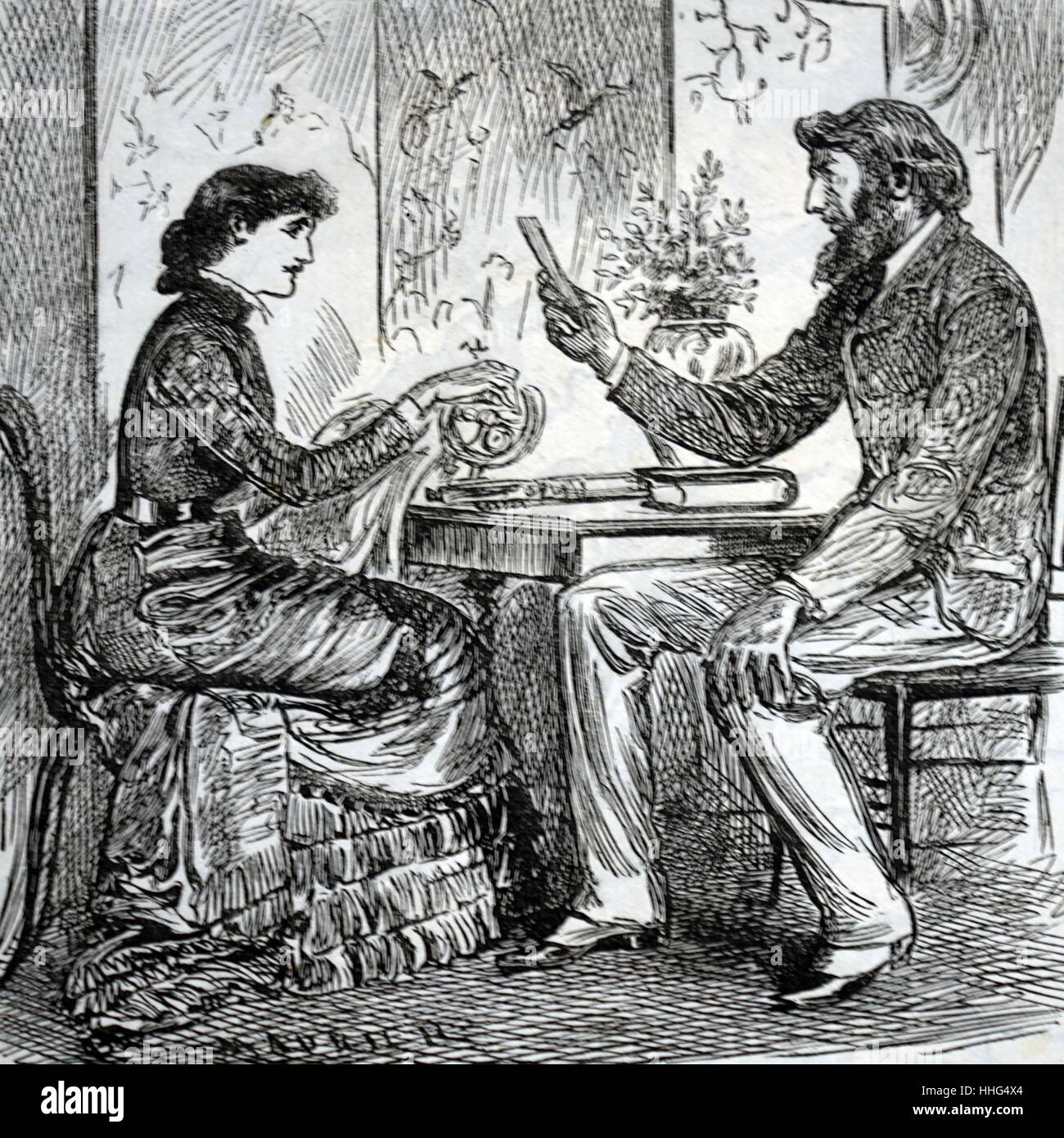 Abbildung 1891, Darstellung eines Mannes lesen Poesie, während seine Frau näht Punsch Stockfoto