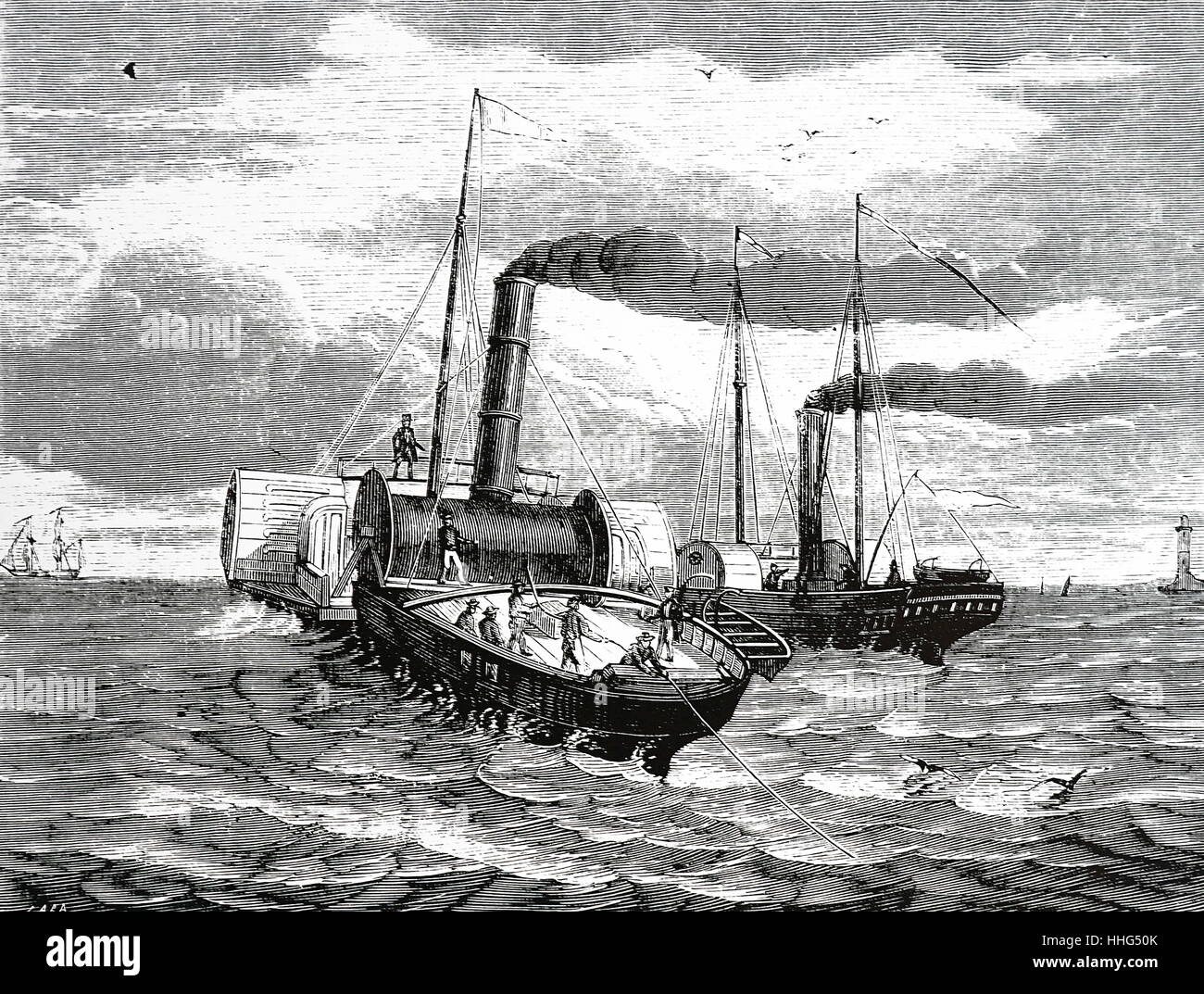 Der Goliath und die Verlegung der ersten Seekabel zwischen Dover und Calais 1850 Pfeifente. Stockfoto