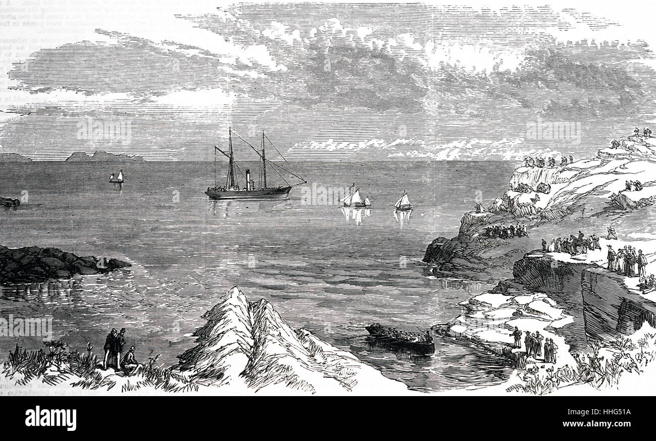 Die Landung der Submarine telegraph Kabel an der St Mary's Isles of Scilly. Die Kabel wurde von Lands End, Cornwall, St Mary's. 9. Oktober 1869. Stockfoto