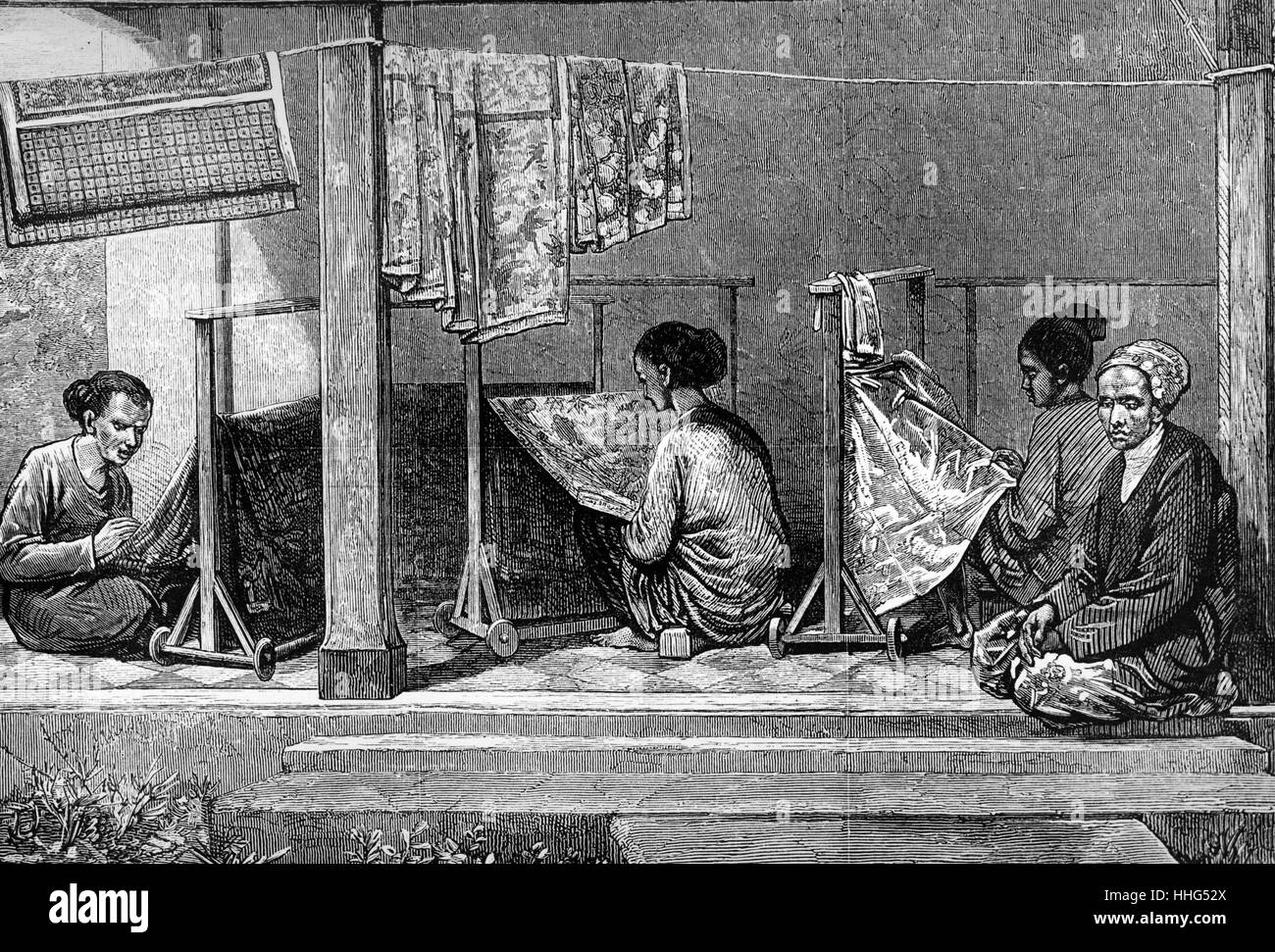 Frauen Sticken Sarongs - Sumatra-1880. Stockfoto