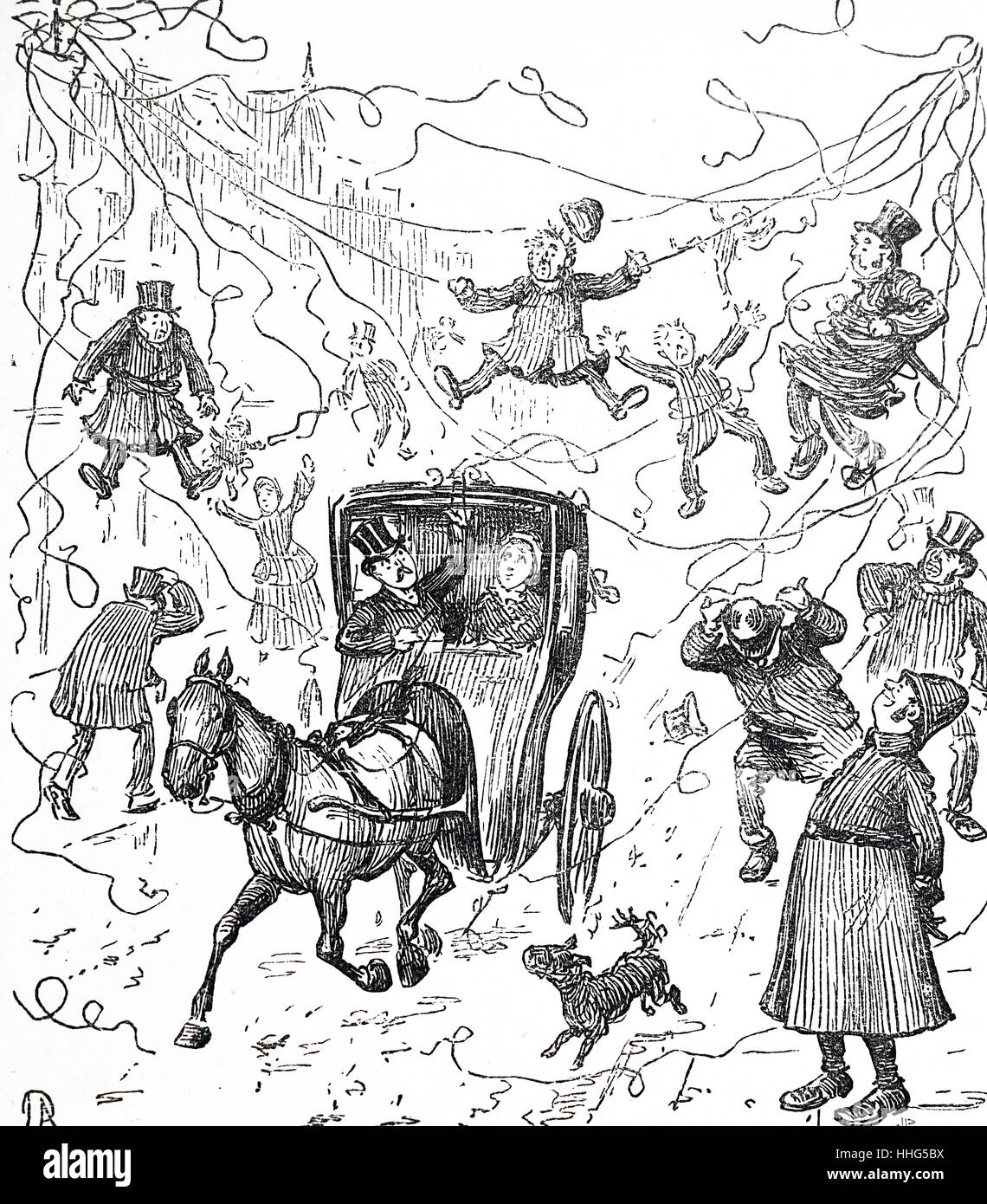 Telefonleitungen wurde mehr und mehr ein Ärgernis als die Zahl der Abonnenten erhöht. 8. Januar 1887. Stockfoto