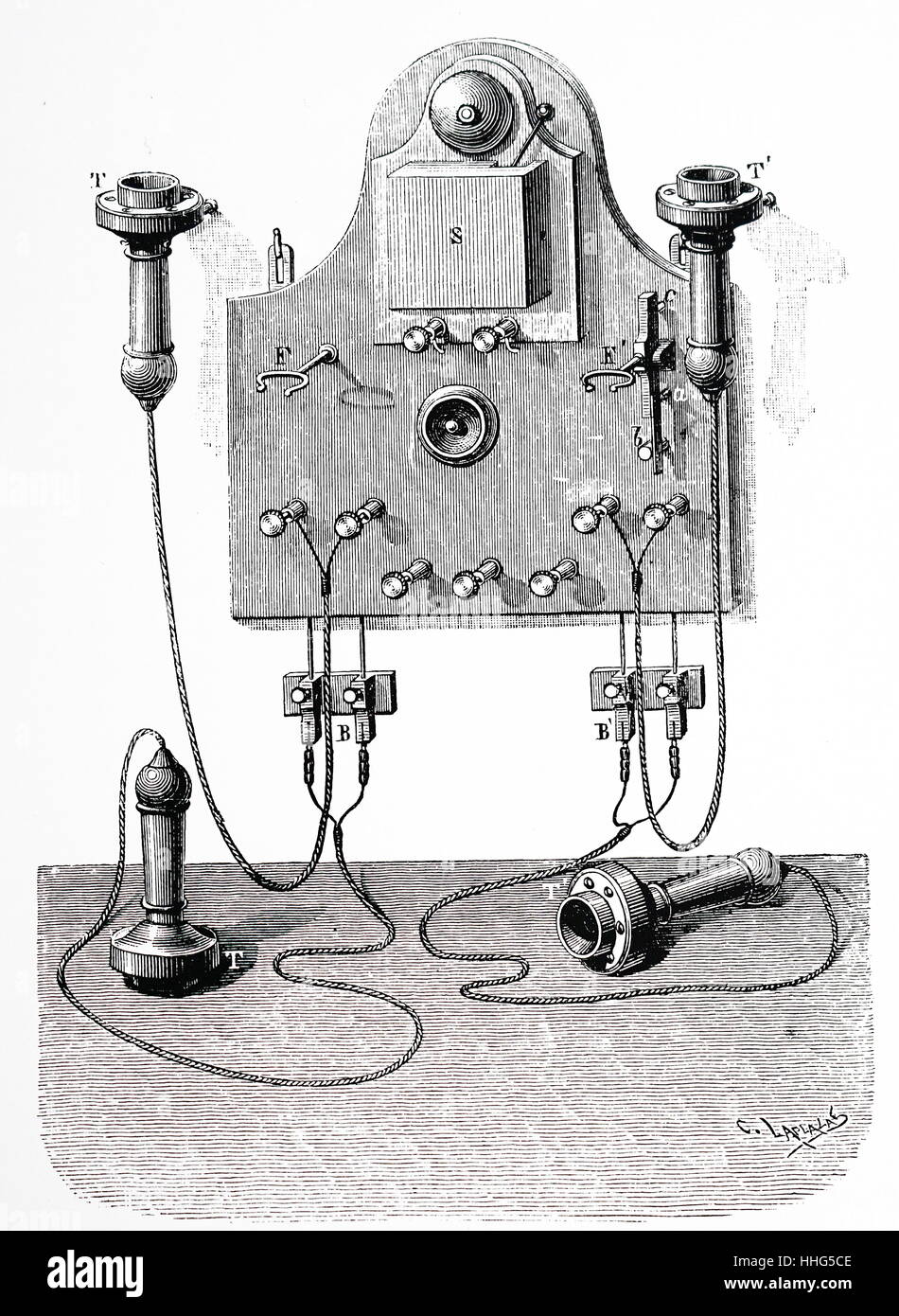 Breguet und Roosevelts Methode der Übergabe Telefone. Zur Aussetzung der Gabel, F, ist ein Schlüsselschalter die Bell in Stromkreis. Von Amédée Guillemin Elektrizität und Magnetismus, London, 1891. Stockfoto