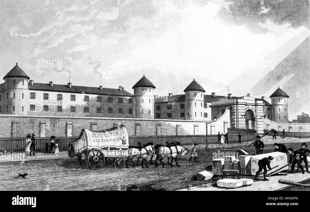 Carter in Kittel und mit einer Peitsche und führte seine Mannschaft entlang der Millbank, London, als Sie nahe dem Ende ihrer Reise von Gloucestershire. Im Hintergrund ist das Gefängnis auf der Millbank. Von einem Druck im Jahr 1829 veröffentlicht. Stockfoto