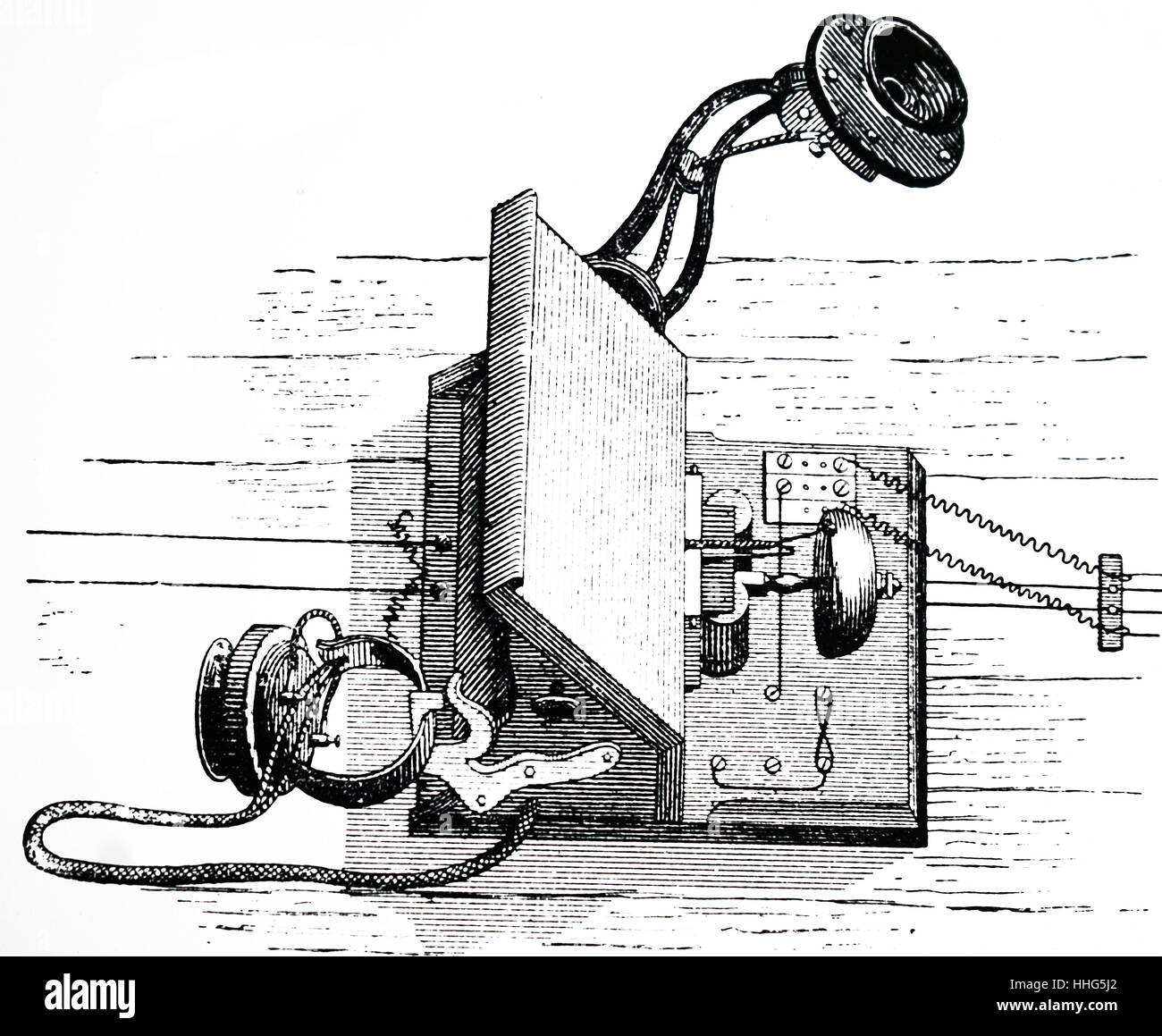 Telefon Apparate durch New York Abonnenten verwendet. Dies wird verwendet, um ein Edison Sender und einem "Pony - Krone' Empfänger (unten rechts im Bild) von Amédée Guillemin. Vom 1891. Stockfoto