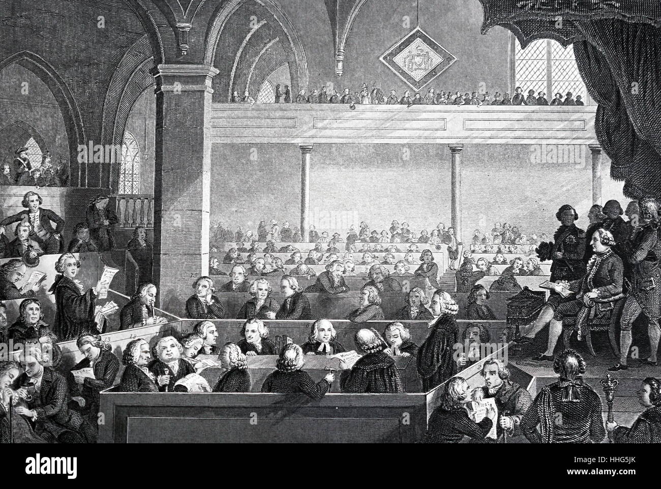 Die Generalversammlung der Kirk von Schottland (Kirche von Schottland) 1783. Die versammelten Priester tragen weiße Perücken und dunkle Kleider. Sie sind in Zeilen und sprechen untereinander eingesetzt oder von Blatt Papier lesen. Der Hohe Kommissar der Generalversammlung der Kirche von Schottland, David Melville, 6 Graf von Leven (1722-1802) befindet sich auf einer erhöhten Plattform auf der rechten Seite. Unter ihm, ein Mann trägt einen zeremoniellen Streitkolben. In der oberen Galerie Männer und Frauen schauen Sie auf die Szene unter.. Radierung von David Allan Stockfoto