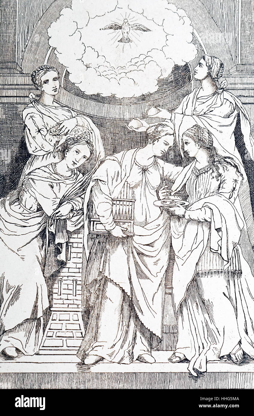 Illustrierte Holzschnitt von fünf Jungfrau Märtyrer stehen unter einer Wolke, in der eine Taube dargestellt wird. Stockfoto