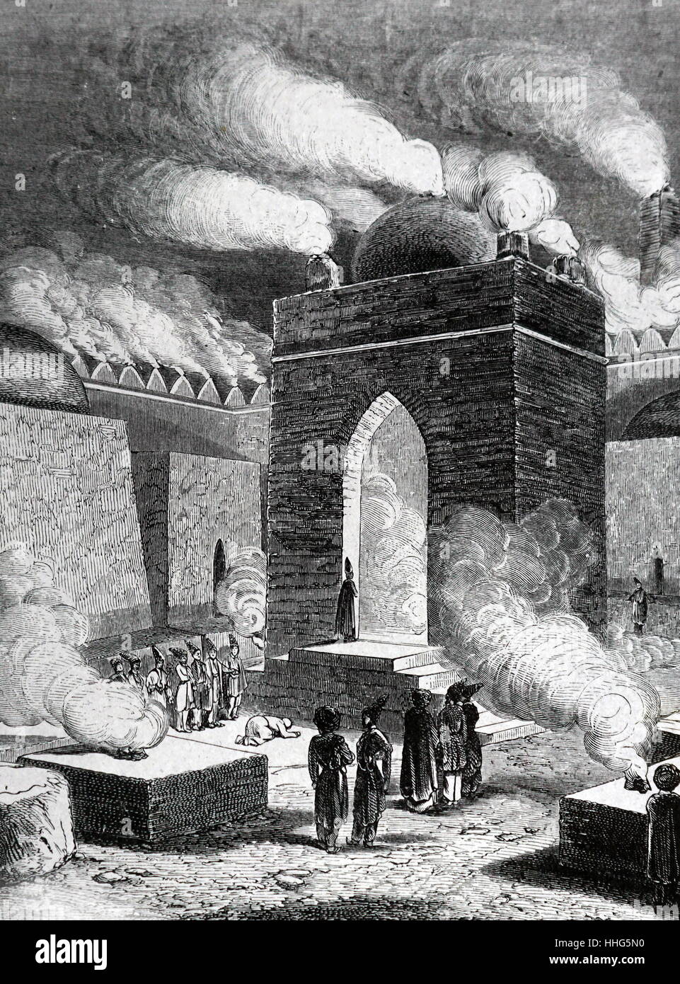 Die Baku-Baumeistern, bekannt als der Tempel des Feuers - Anfang des 19. Jahrhunderts Abbildung. Hindu und Zoroastrian Ort der Anbetung. Stockfoto