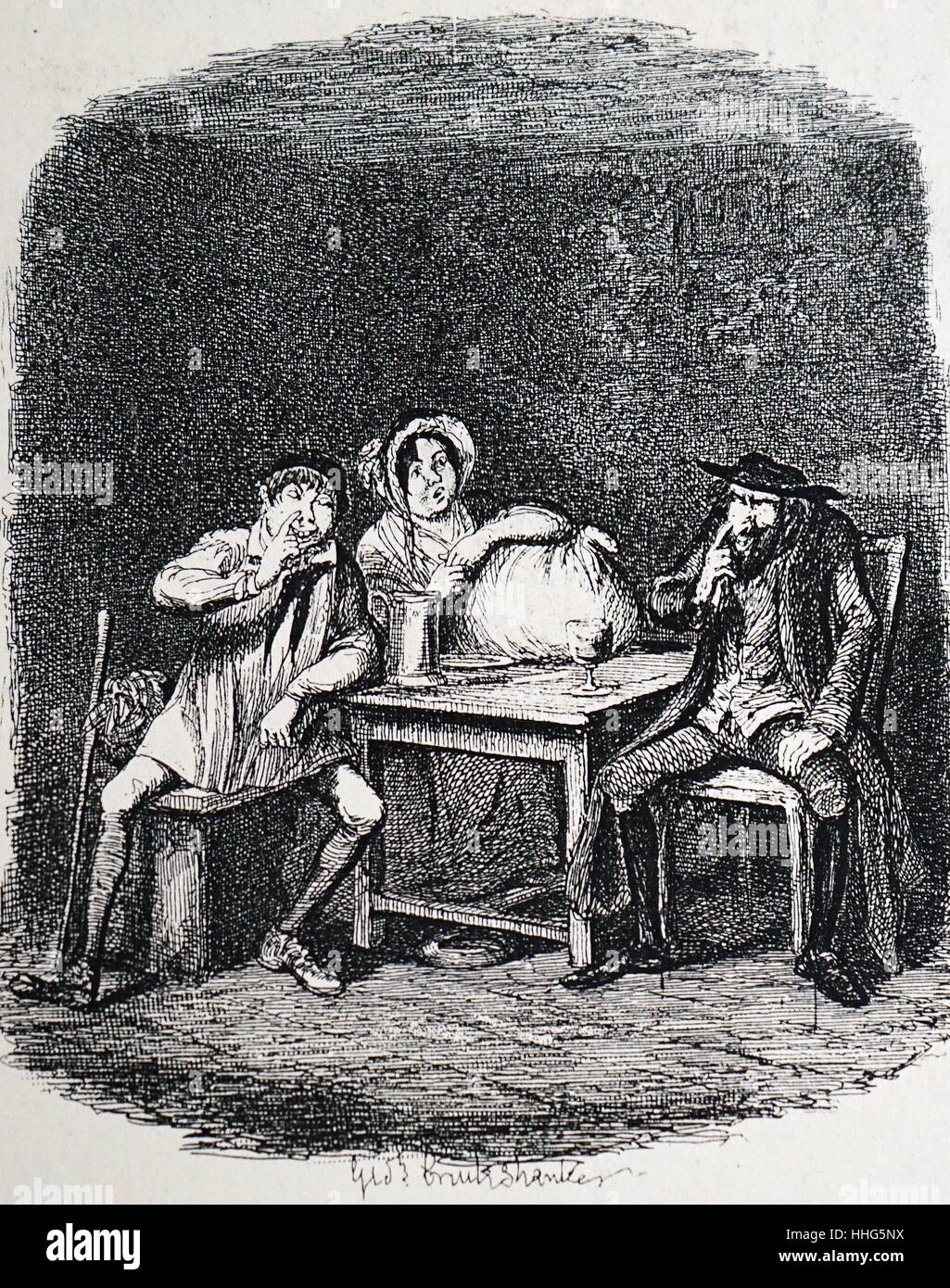 Der Jude und Morris bolter beginnen Sie jede andere Noah Claypole und Charlotte auf der Flucht unter dem Alias von Herrn und Frau Morris Bolter zu verstehen mit Fagin an den drei Krüppel kennen. Fagin und Noah die Nase tippen als Zeichen von Wissen. 1837-38 Stockfoto