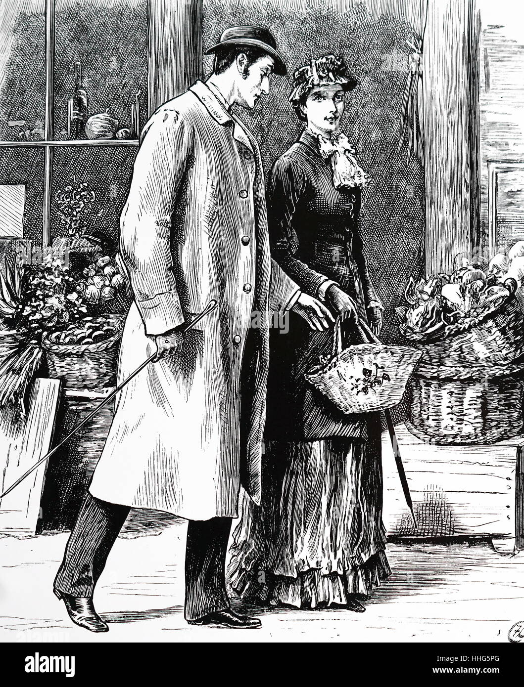 Umgangsformen: Mann Korb tragen. Illustration von Frank Dadd (1851-1929) für den Köcher, London, 1883. Stockfoto