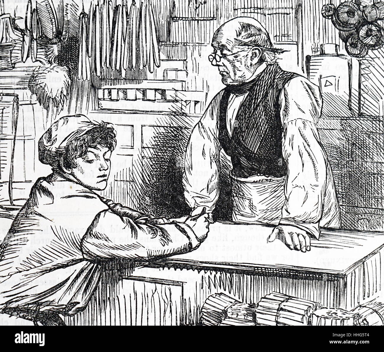 Holzschnitt von einem älteren Mann in einer Werkstatt. Eine jüngere Frau wird dargestellt sitzende starrte nach unten. Vom Jahre 1885 Stockfoto