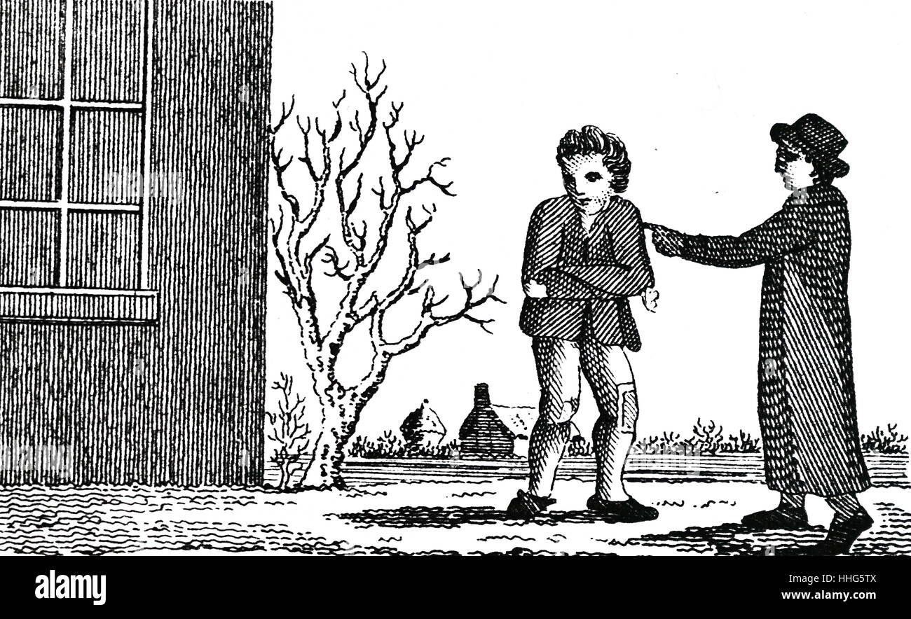 Bettler junge wird von einer gerechten Haushaltsvorstand - um 1795 abgewiesen. Stockfoto