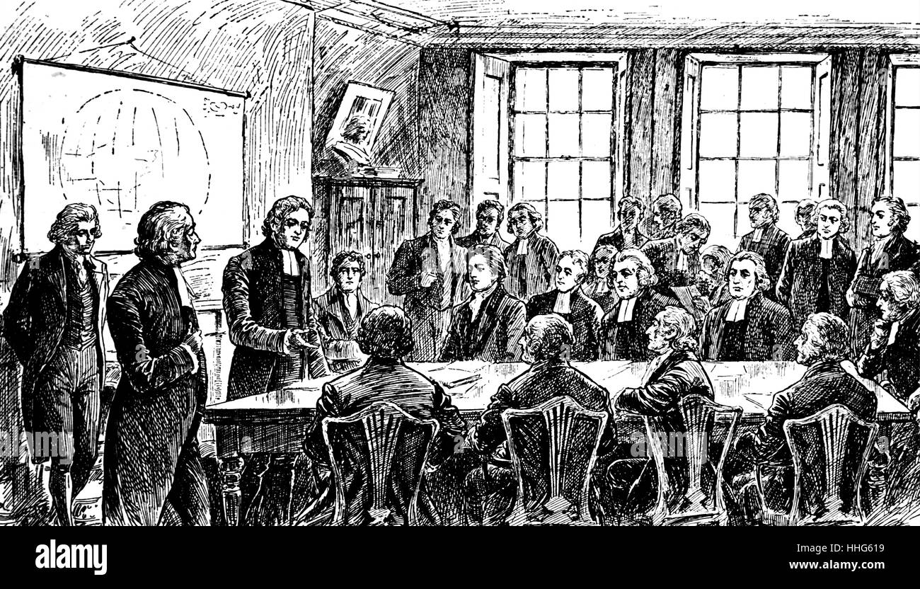 Treffen in der Church Missionary Society gegründet wurde. Die Gesellschaft wurde in der aldersgate Street in der City von London am 12. April 1799 gegründet. Die meisten Gründer waren Mitglieder der Clapham Sekte, einer Gruppe von Aktivisten evangelische Christen. Sie schlossen Henry Thornton MP und William Wilberforce MP. Die Gründer von CMS wurden auf drei große Unternehmen verpflichtet: Abschaffung des Sklavenhandels, soziale Reform zu Hause und der Evangelisierung. Stockfoto