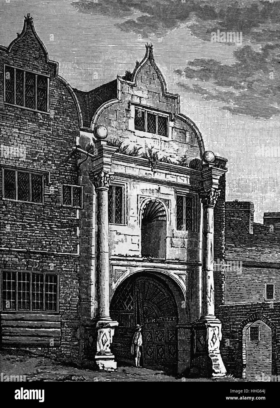 Lesen schlechtes Haus, Berkshire, England, 1626, die armen Haus wurde auf Minster Street, gegenüber der St. Mary's Kirche entfernt, und mit Zugang zu den Heiligen Bach und Mill Stream. Von 1628. der Standort saniert ein arbeitshaus für arme Tuchmacher zur Verfügung zu stellen und wurde bekannt als "das Orakel". Es bestand aus Reihen von Workshops rund um einen zentralen Innenhof, der Haupteingang, an der Nordseite wurde durch eine reich verzierte Niederländische giebelhaus Stein Gateway. Stockfoto