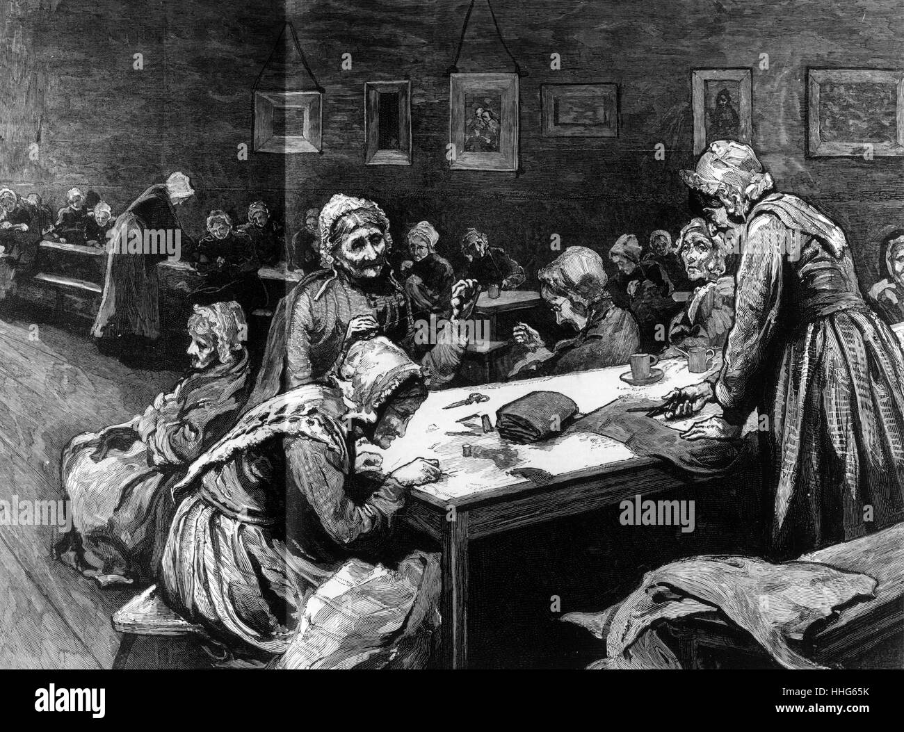 Frauenstation im Westminster Union (Arbeitshaus). Alte Frauen (im Alter von weiblichen Bettler) Nähen. 1877. Stockfoto