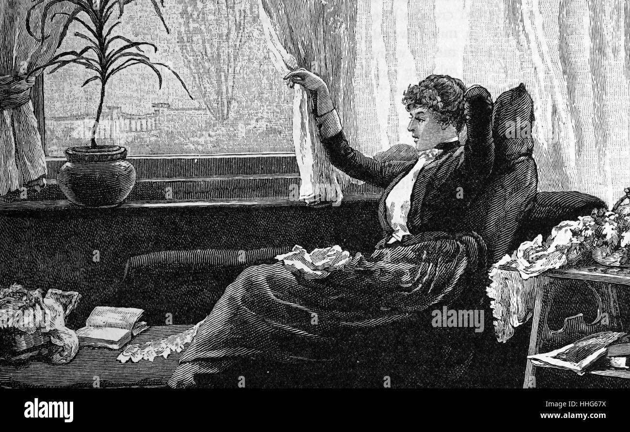 Eine englischen Country-Lady schaut aus dem Fenster wie sie einen Besucher erwartet. Englische Darstellung 1888 Stockfoto