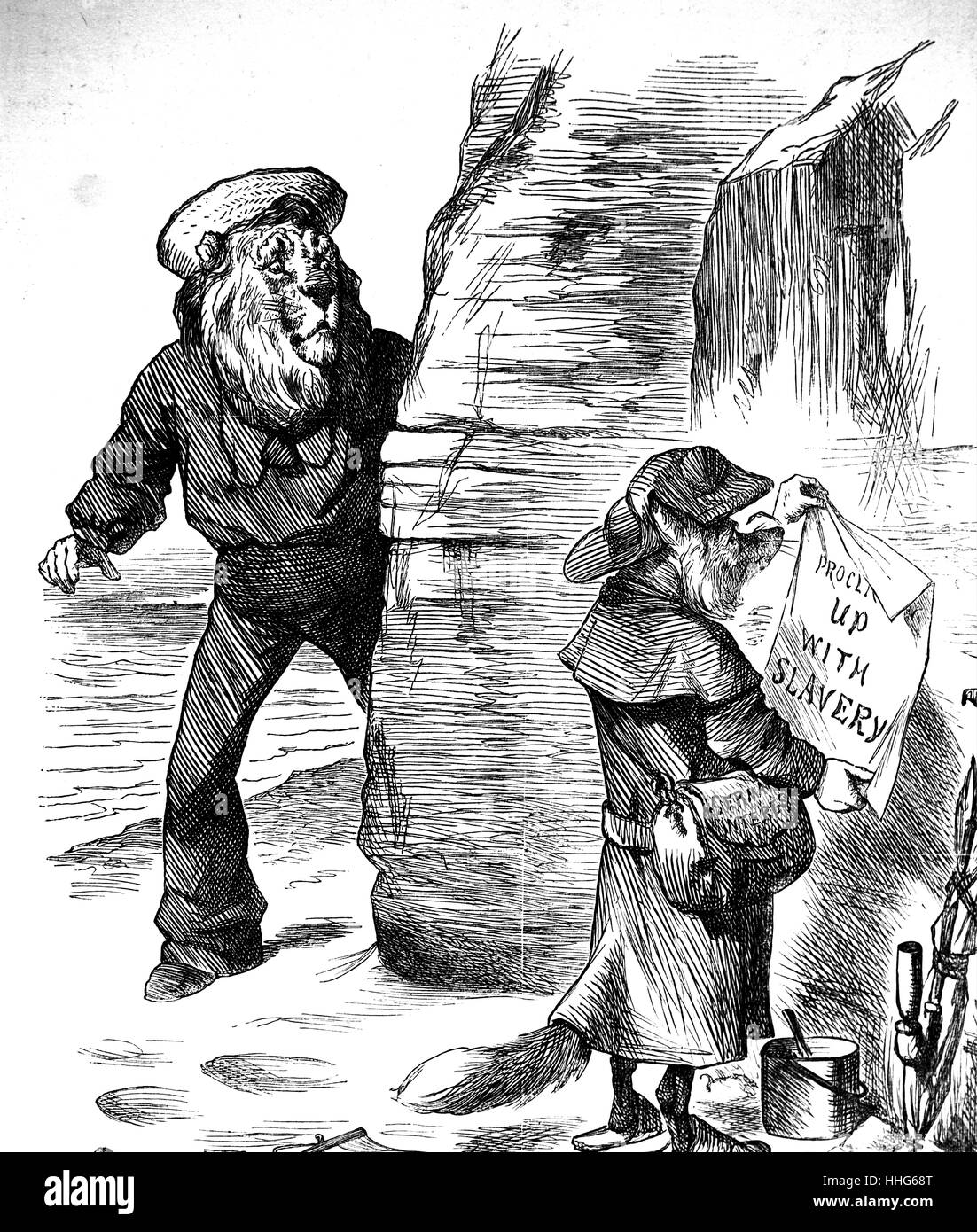 Der britische Löwe und der Deutsch-Fuchs, bis mit der Sklaverei, 1888. Punch-Karikatur. Stockfoto