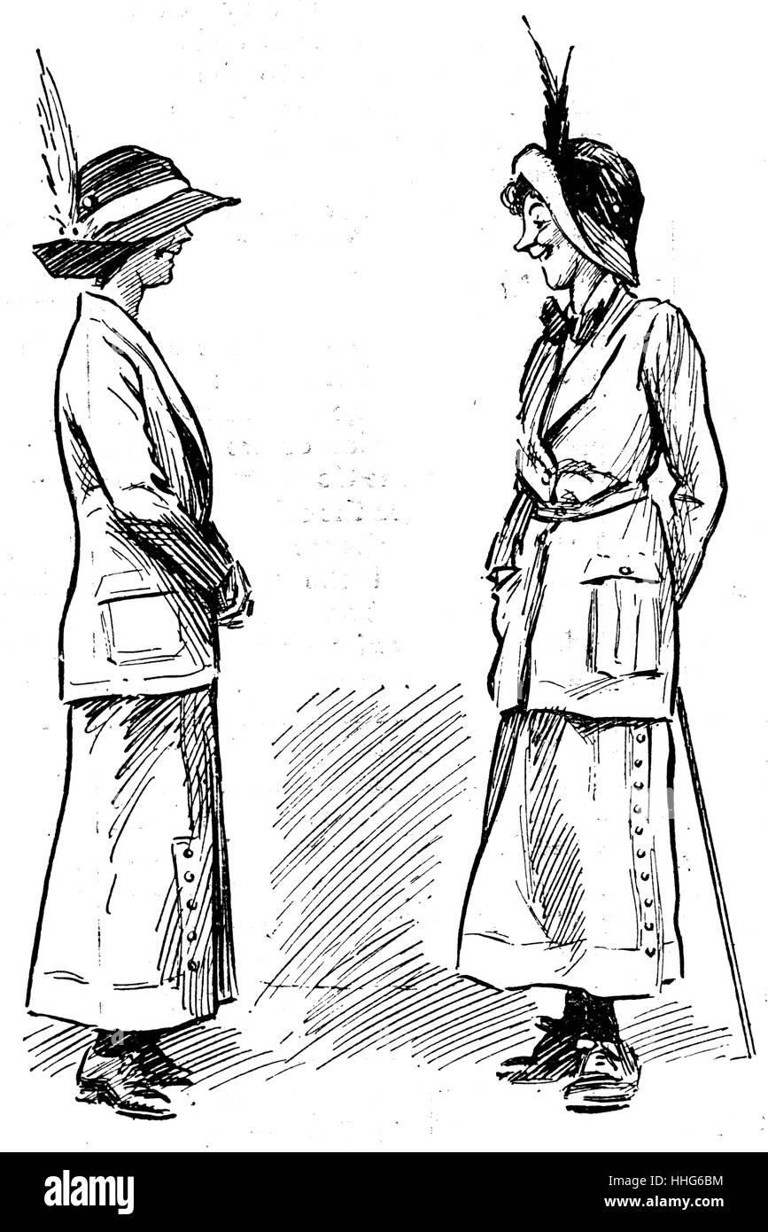 Das Frauenwahlrecht. Zwei Suffragetten Witz über ihre Absichten für ein Lagerfeuer Stockfoto