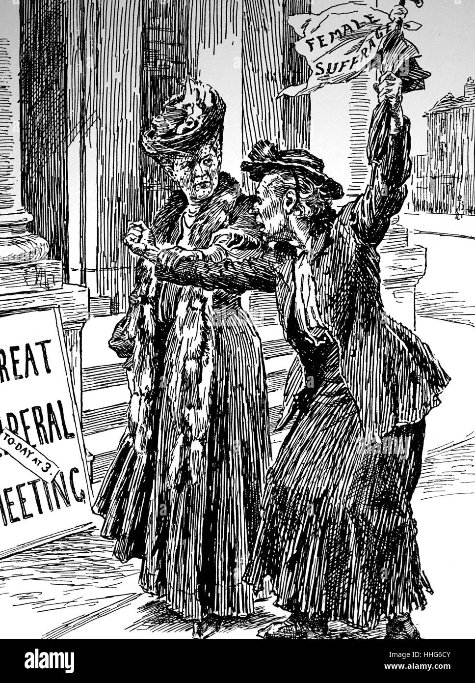 Das FRAUENWAHLRECHT, Moderate suffragist bestrebt, bei ihrem kreischenden Schwester, die militante Suffragette, behindert den Kampf, die Abstimmung für Britische Frauen zu bekommen, cartoon Bernard Partridge. Stockfoto