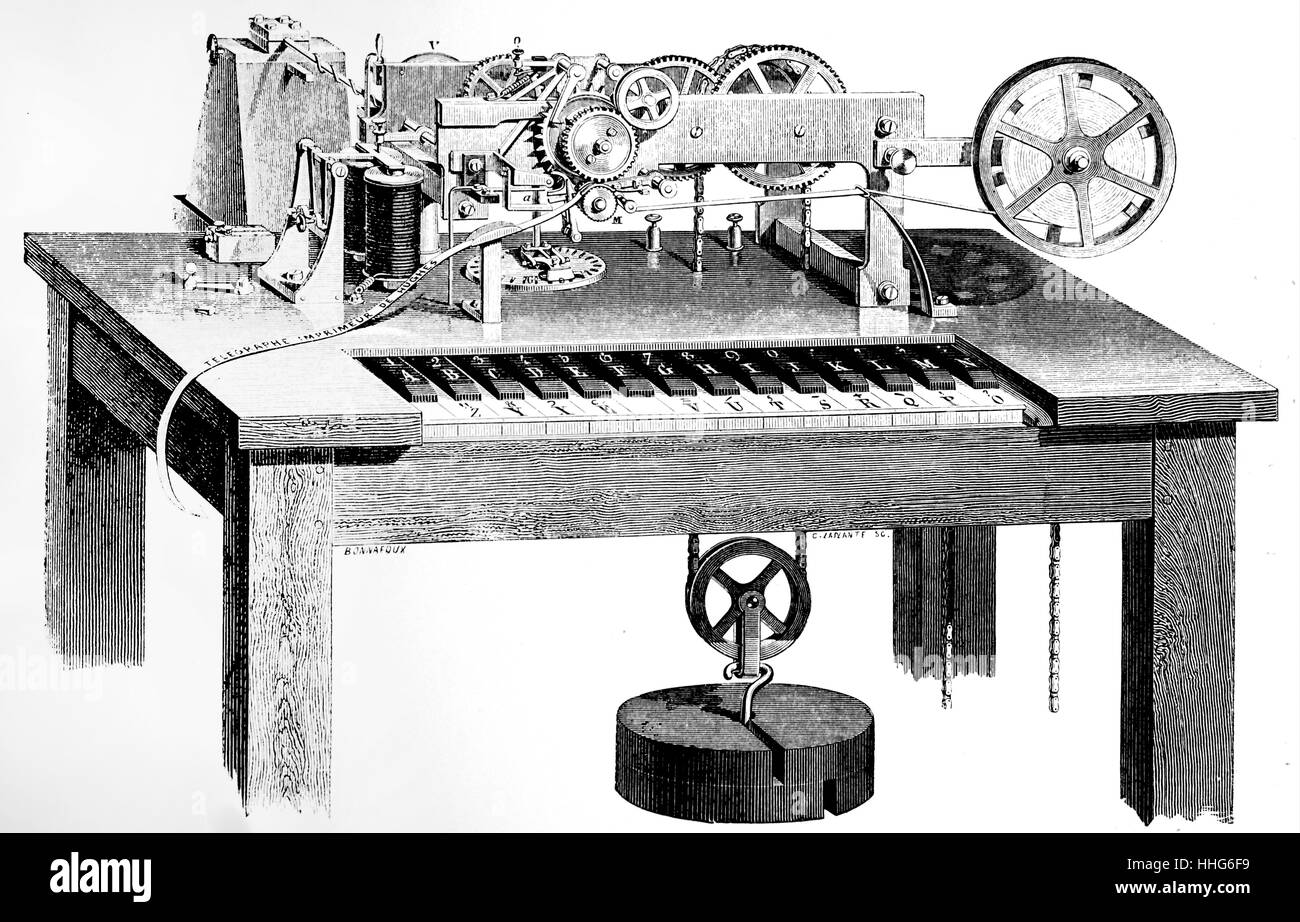 David Hughes printing Telegraph. Dies wurde durch ein Uhrwerk angetrieben, mit einem Gewicht von ca. 50 kg. David Hughes wurde die britisch-amerikanische Erfinder, praktische Experimenter, und Professor für Musik für seine Arbeit auf dem Drucksystem Fernschreiber und das Mikrofon bekannt. [ Stockfoto