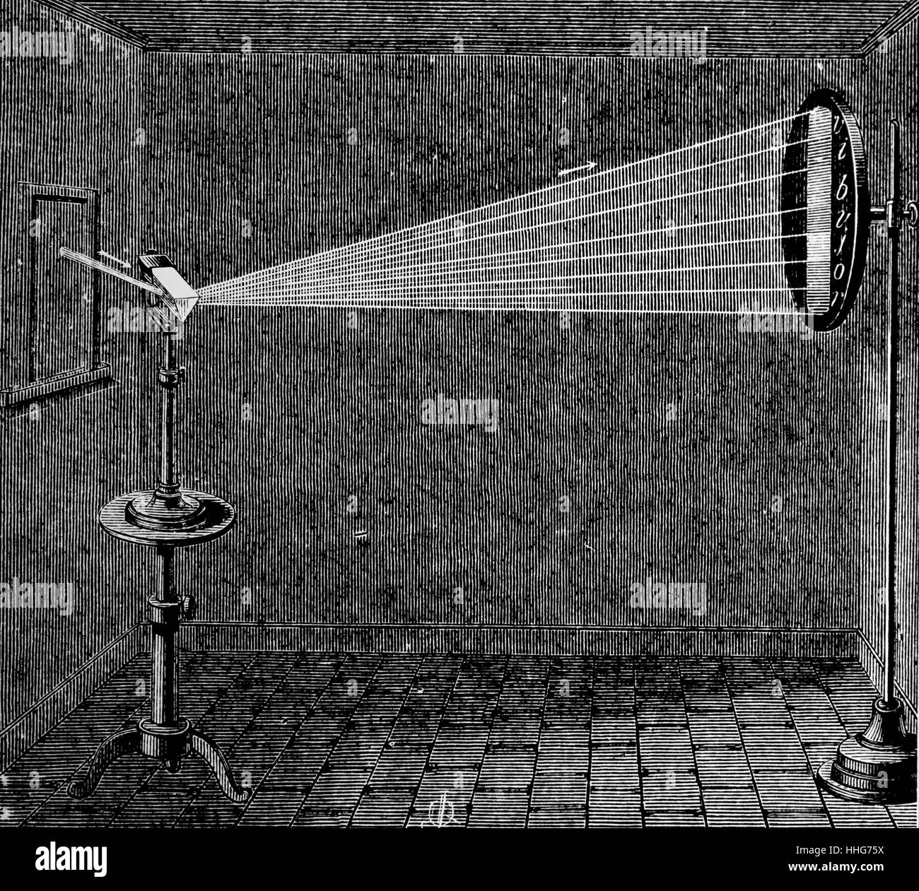 Einen Sonnenstrahl durch ein Prisma und Zerlegung in seine einzelnen Farben (weißes Licht) übergeben. 1878. Stockfoto