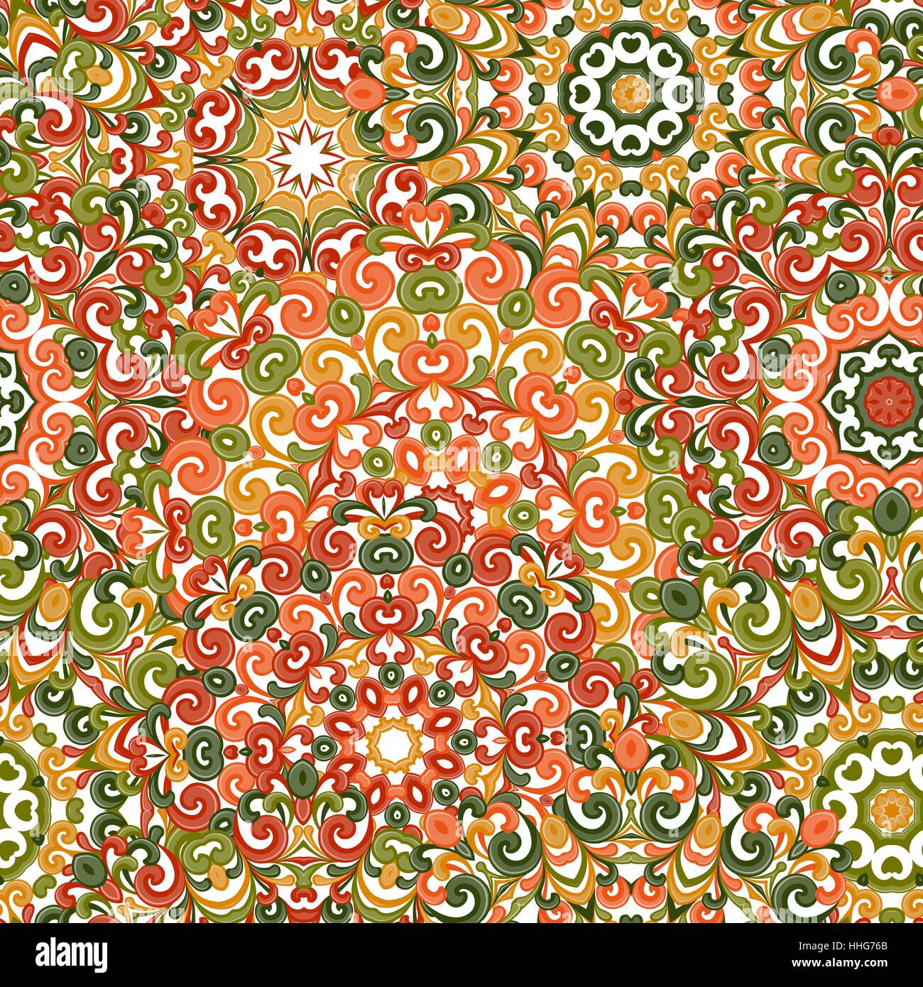 Bunten ethnischen Musterdesign mit Mandalas im orientalischen Stil. Runde Deckchen mit grün rot und Orange locken und wirbelt, Weben in Arabesque traditionelle Spitze Ornament. Vektor-Illustration. Stock Vektor