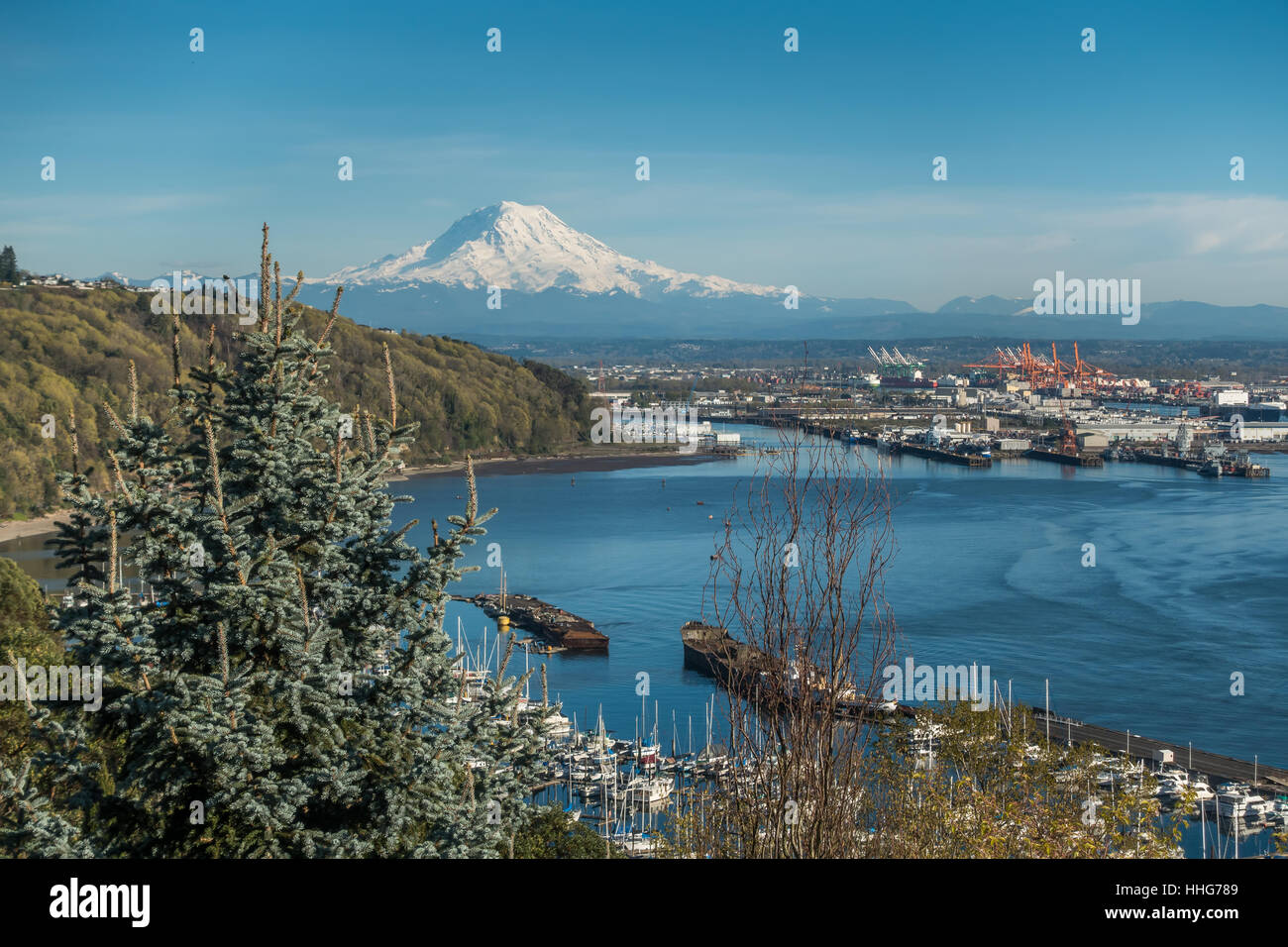 Einen Panoramablick auf Mount Rainier, The Port of Tacoma und einen Yachthafen. Stockfoto