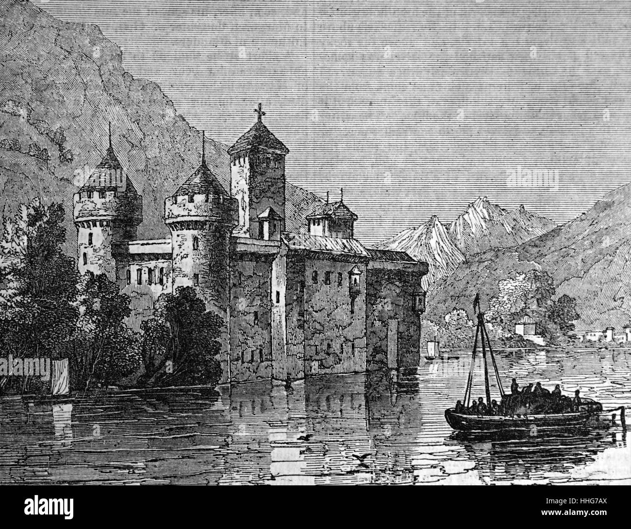Abbildung zeigt das Schloss Chillon; Das Hotel liegt am Genfer See; südlich von Veytaux im Kanton Waadt. Vom 19. Jahrhundert Stockfoto