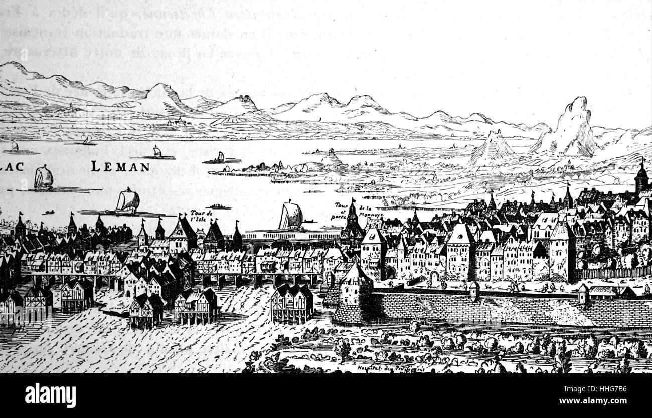 Illustration von Genf; eine Stadt in der Schweiz, die an der Spitze des Genfer Sees befindet. Vom 17. Jahrhundert Stockfoto