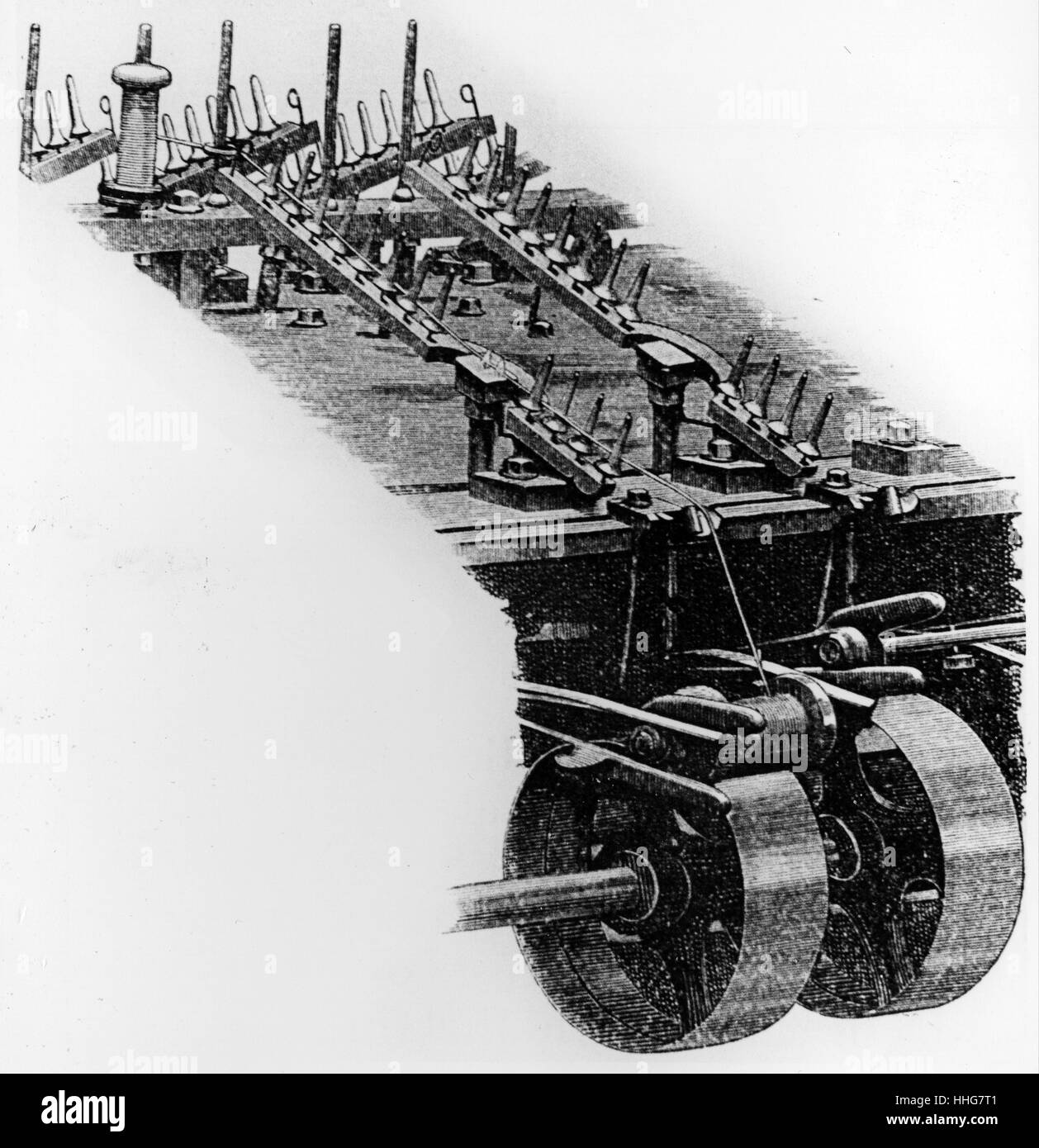 US-Seidenproduktion. Begasung Maschine benutzt für Sengen Seidenfaden 1885 Stockfoto