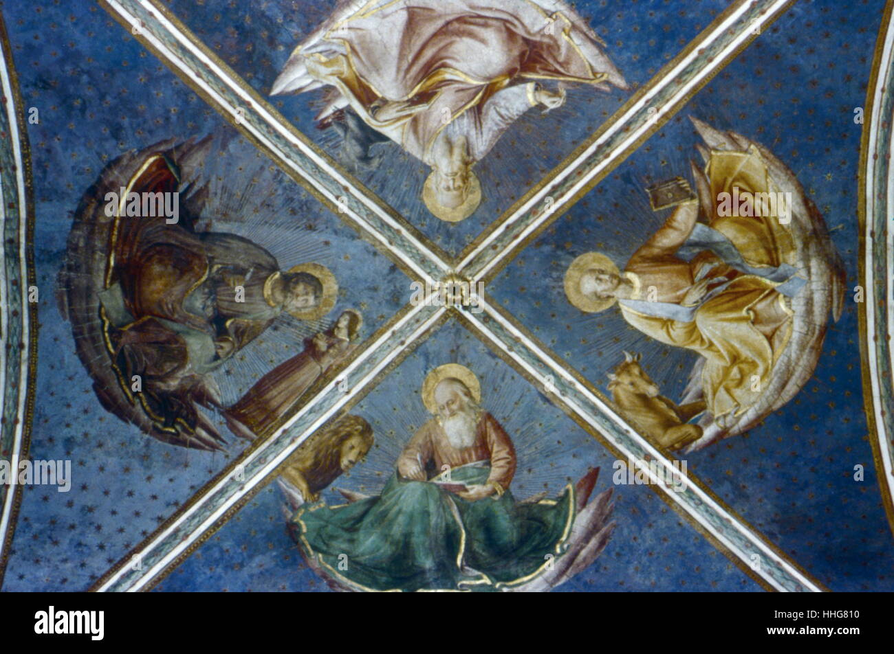 Das Gewölbe, Cappella Niccolina, Palazzi Pontifici, Vatikan. Fresko von Fra Angelico (c 1400-55) Italienische Maler. Im Jahre 1447, oder vielleicht früher, Fra Angelico wurde in Rom, wo er die private Kapelle von Papst Nikolaus V. mit Szenen aus dem Leben des Hl. Laurentius und des hl. Stephanus gemalt. In den Gewölben der Kapelle, die Evangelisten sind auf Wolken ausgesetzt ist, inmitten der strahlenden blauen Himmel. Ihre leuchtenden Flächen und helle Kleider scheinen mit Glühlampen Licht getaucht, wie sie die Evangelien des Lebens Christi zu verfassen. Der rechteckige Kapelle wird durch die Rippe in vier Flügel, eine für jeden der vier Evangelisten unterteilt Stockfoto