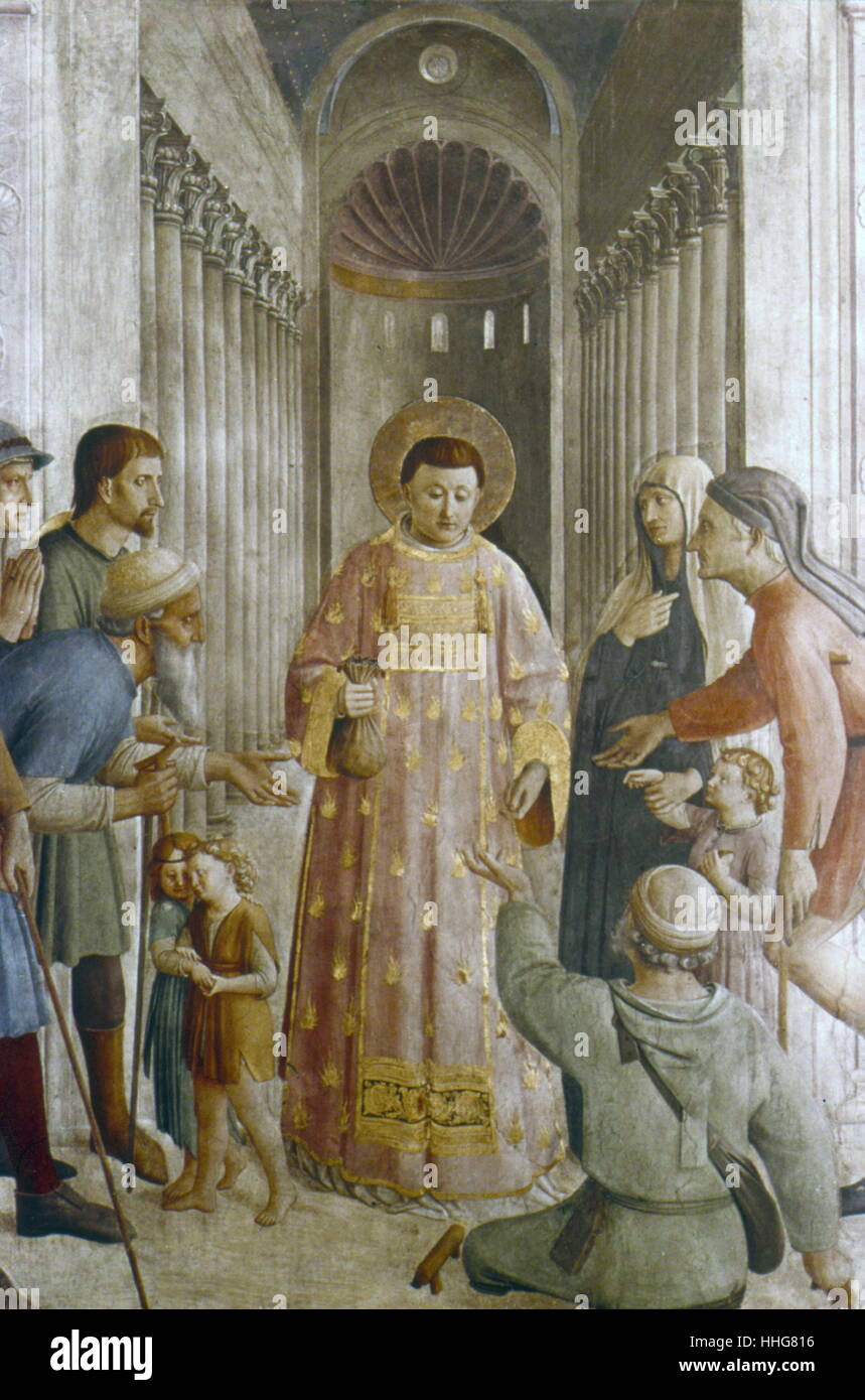St. Lawrence, Almosen, Cappella Niccolina, Palazzi Pontifici, Vatikan. Stockfoto