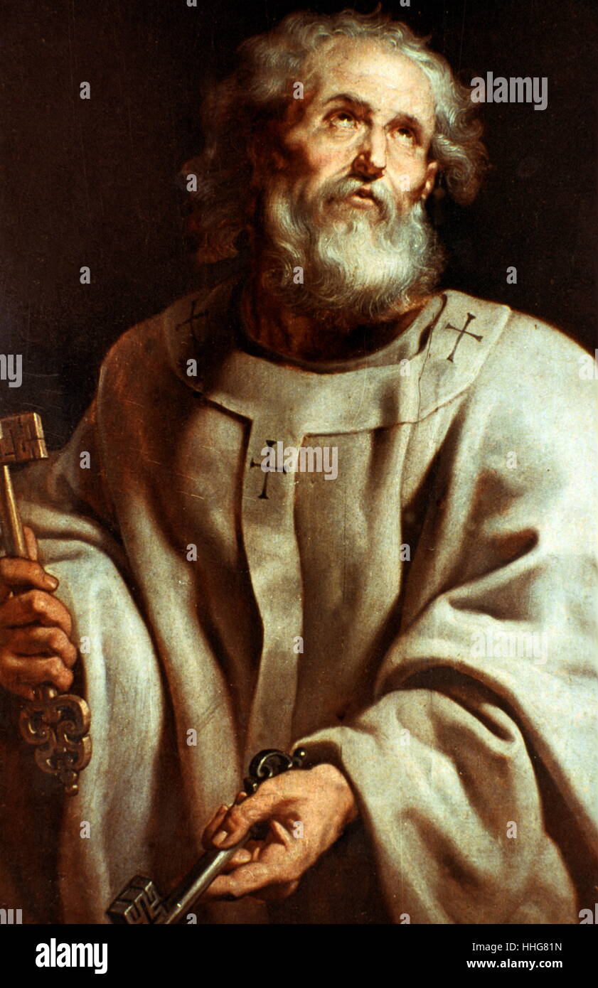 St Peter C. 1611; Öl auf Leinwand, von Peter Paul Rubens (1577 - 1640). Rubens, der eine Reihe von Porträts der Apostel, in Kommission des Herzogs von Lerma. Peter war, ein paar Schlüssel, seine gemeinsamen Symbol: die Schlüssel zum Königreich des Himmels. Rubens war in Siegen in Deutschland geboren, aber aus dem Alter von 10 Jahren lebte er und ging in Antwerpen, Belgien, wo er einem wichtigen flämischen Künstler in die Schule. Stockfoto