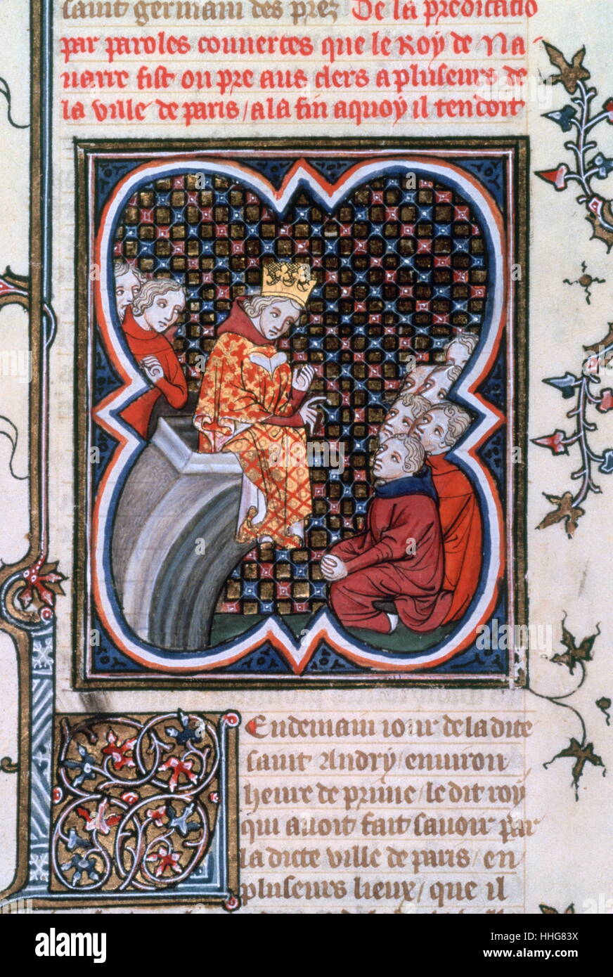 Charles II (Charles das Schlechte) Predigen zu Kleriker (14. c.). Biblioteque Nationale, Paris. Von den Grandes Chroniques De France. 1375-1380 Manuskript Stockfoto