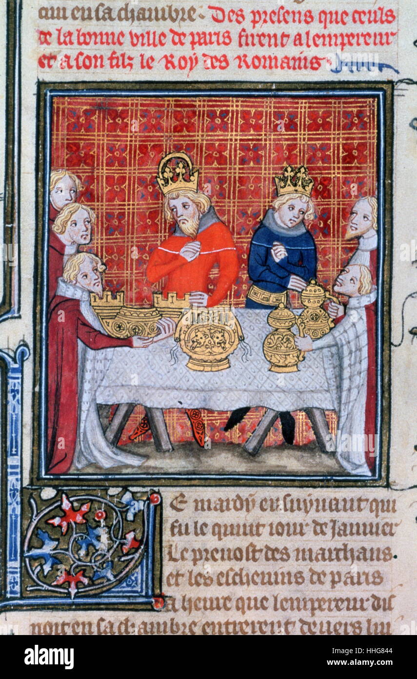 König Karl IV. von Frankreich, bekommt Geschenke. Das Volk von Paris Geschenke an die Heiligen Römischen Kaiser und seinem Sohn, dem künftigen Wenzel IV. Abbildung aus (14.). Biblioteque Nationale, Paris. Von den Grandes Chroniques De France. 1375-1380 Manuskript Stockfoto