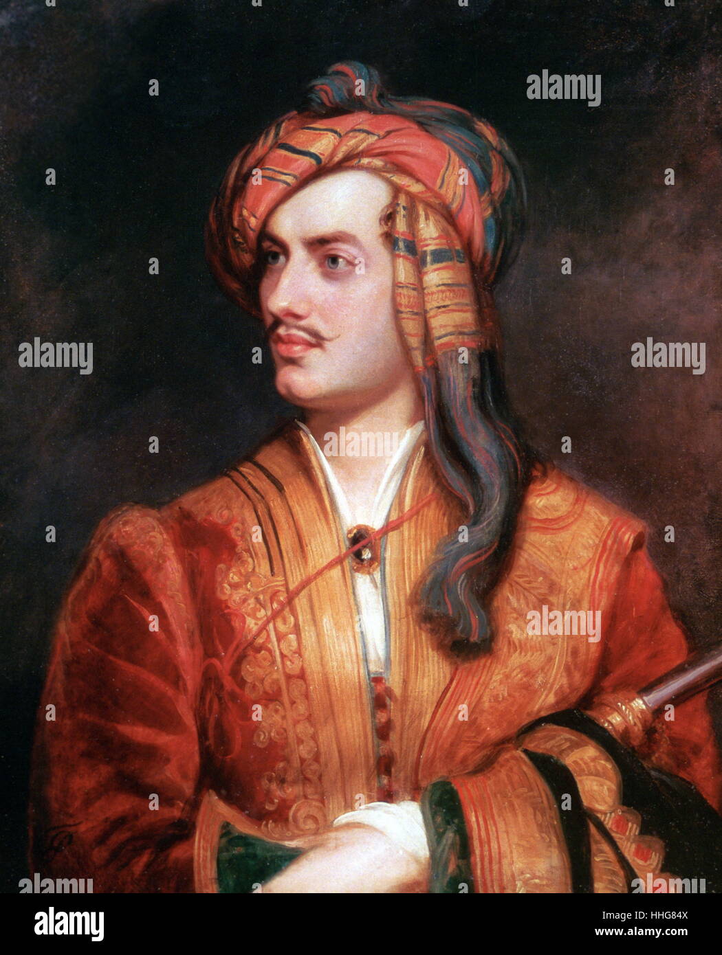 George Gordon Byron (1788 - 1824), allgemein bekannt als Lord Byron. Anglo-Scottish dichter und eine führende Figur in der romantischen Bewegung. Lord Byron in der albanischen Kleid von Thomas Phillips im Jahre 1813 gemalt. Stockfoto