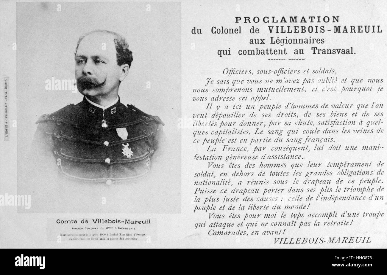 Verkündigung von Georges Henri, Graf von Villebois-Mareuil, 1847 - 1900. Der französische Offizier für sein Engagement für die Buren gegen die Britische Armee während des Zweiten Burenkrieg bekannt. 1899-1900 Stockfoto