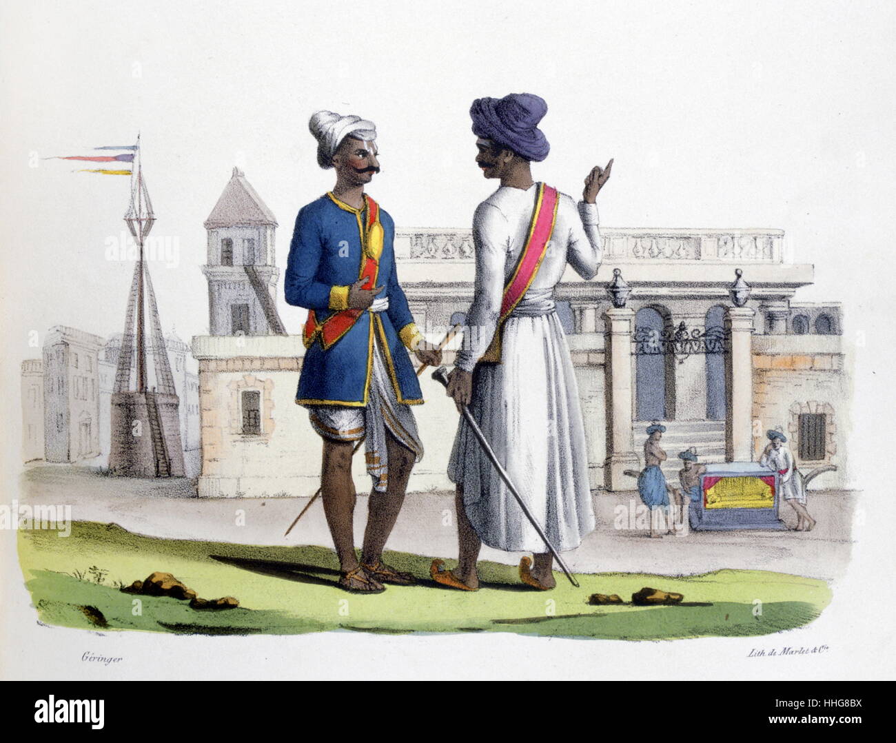 zwei indische Höflinge im Gespräch. ; Französisch; Lithographie; Indien; Durch Marlet 1828 Stockfoto