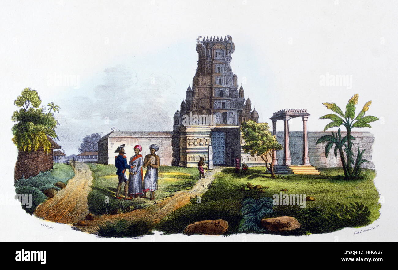 Indische Höflinge im Gespräch bei der Hindu Pagode Vilnour. ; Französisch; Lithographie; Indien; Durch Marlet 1828 Stockfoto