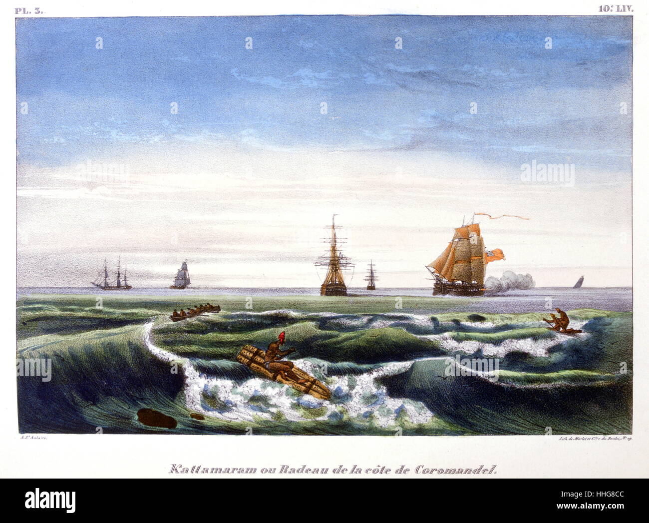 Die britischen Schiffe Angriff der Coromandel Halbinsel auf der Nordinsel von Neuseeland aus dem frühen 19. Jahrhundert. ; Französisch; Lithographie; durch Marlet 1828 Stockfoto