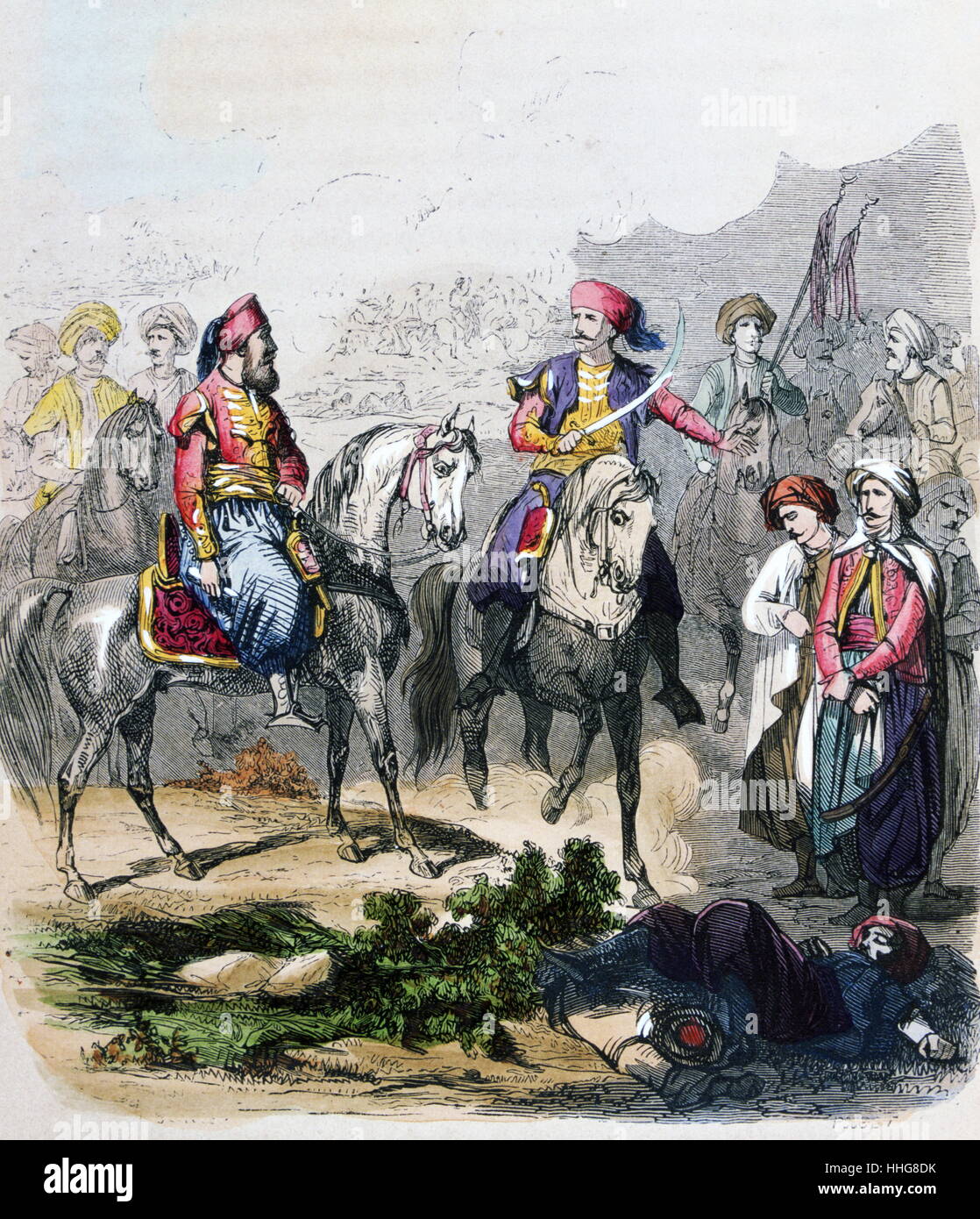 Die Schlacht von nezib Juni 24, 1839, zwischen Ägypten und dem Osmanischen Reich. Die Ägypter waren von Ibrahim Pasha geführt. Aquarell von der französische Maler Jean-Adolphe Beaucé (1818 - 1875). Stockfoto