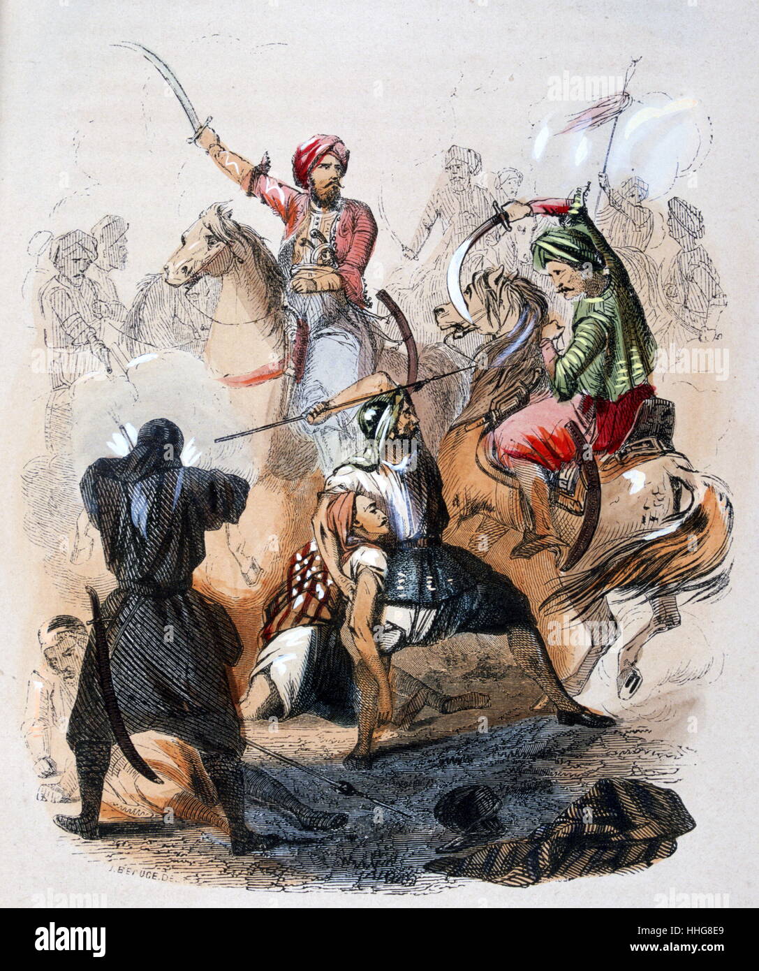 Ibrahim Pasha (ältester Sohn von Muhammad Ali) im Kampf in Arabien 1818. Aquarell von der französische Maler Jean-Adolphe Beaucé (1818 - 1875). Ibrahim Pascha (1789-1848) die ägyptische Armee. Nachdem sein Vater wurde senile Ibrahim regiert Ägypten. Stockfoto