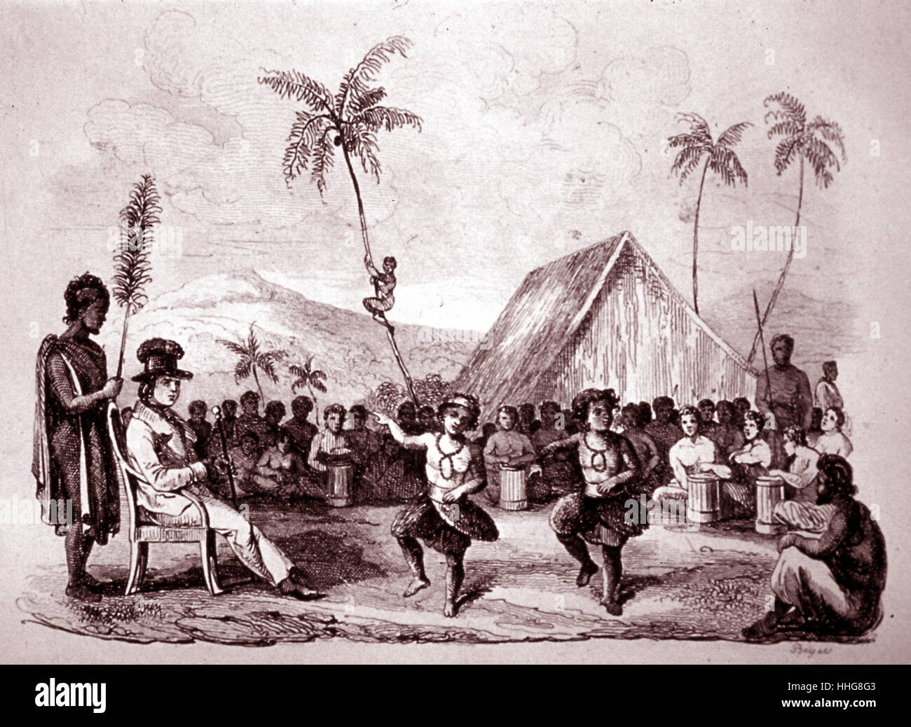 Hawaiian native Tänzer in den zeremoniellen gefiederte Kleidung; von John Webber (1751 - 1793); englischer Künstler, die Captain Cook auf seiner dritten Pacific Expedition im Pazifik (1776-80) an Bord der HMS Resolution begleitet. Stockfoto