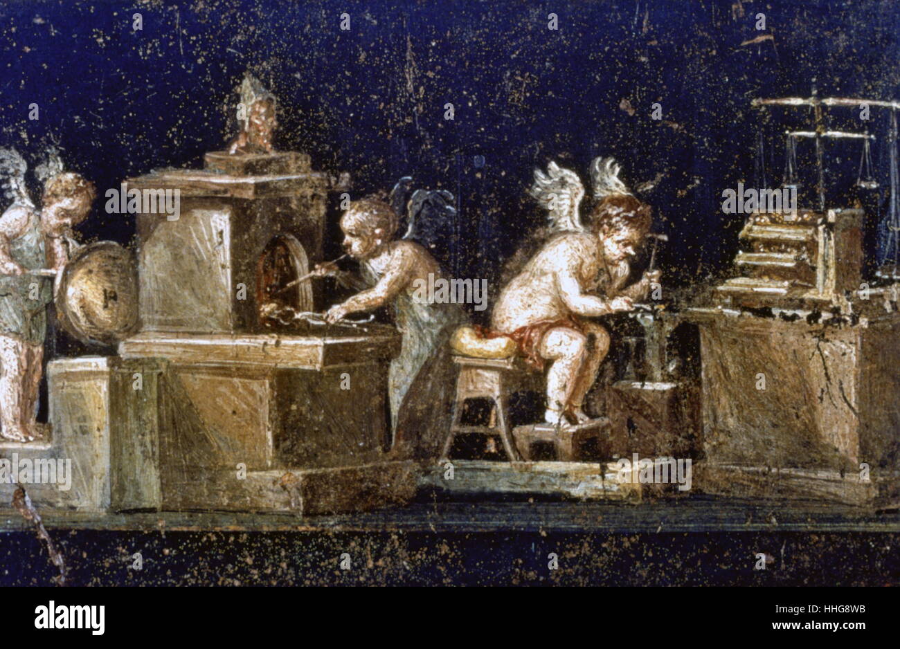 Wandmalerei aus das Haus des Vetti, in die römische Stadt Pompeji. Das Haus teilweise überlebte den Vulkanausbruch des Vesuv im Jahr 79 N.CHR.. Das Haus ist für seine Besitzer benannt, zwei erfolgreiche freedmen: Aulus Vettius Conviva, ein augustalis und Aulus Vettius. Die wand Fresken, abgeschlossen nach dem Erdbeben von 62 N.CHR. in der Weise Kunsthistoriker "Pompeiian vierten Stil. ' Stockfoto
