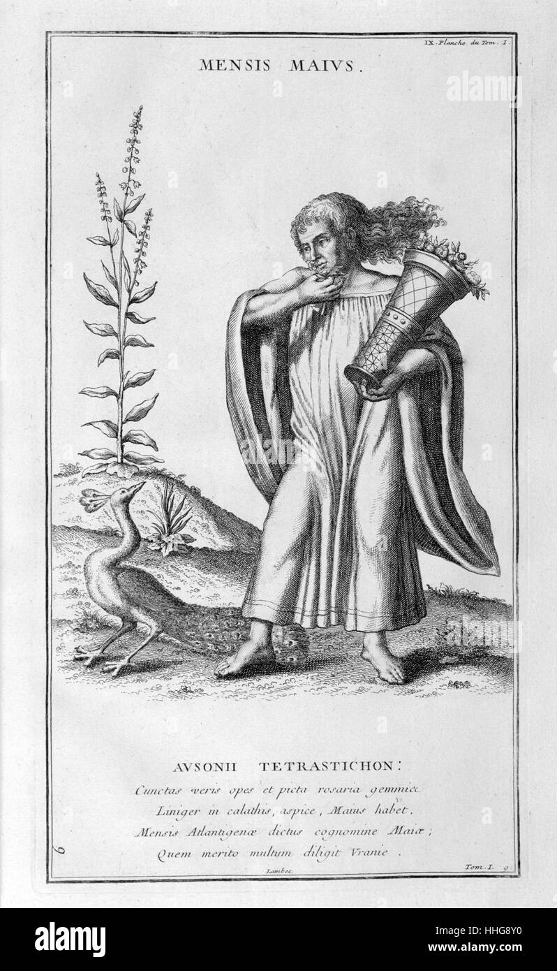 Mai, dargestellt als ein Mann, der Blumen. Abbildung aus dem Anhang zu "L'Antiquité representée expliquée et en Zahlen"; (bde. 1-15, Paris, 1719-1724) von Dom Bernard de Montfaucon, (1655-1741), ein französischer Benediktiner Mönch. Er ein kluger Gelehrter war, der die Disziplin der Paläographie gegründet, er wird als einer der Begründer der modernen Archäologie betrachtet. Stockfoto