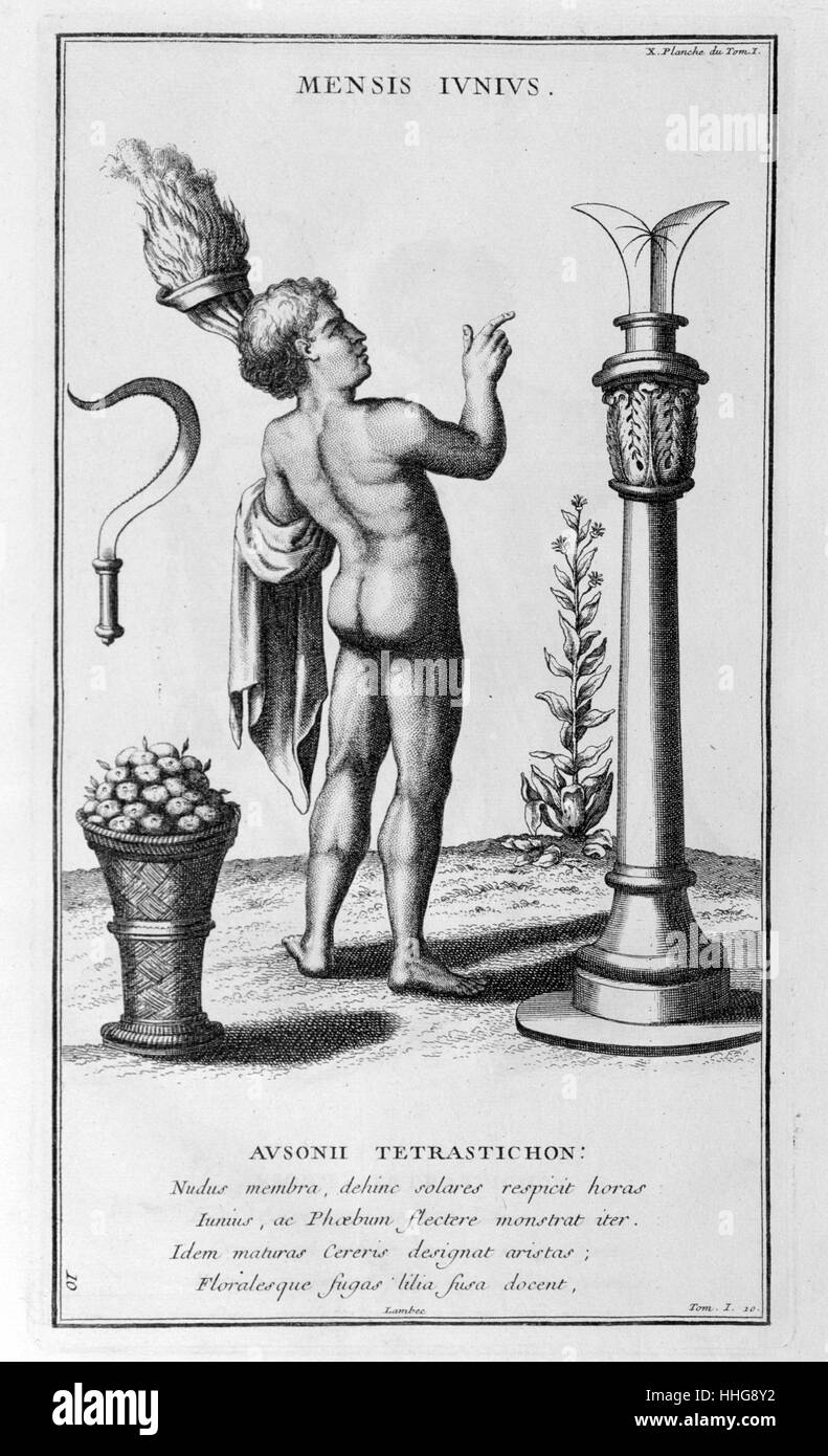 Mai, dargestellt als ein Mann, der Blumen. Abbildung aus dem Anhang zu "L'Antiquité representée expliquée et en Zahlen"; (bde. 1-15, Paris, 1719-1724) von Dom Bernard de Montfaucon, (1655-1741), ein französischer Benediktiner Mönch. Er ein kluger Gelehrter war, der die Disziplin der Paläographie gegründet, er wird als einer der Begründer der modernen Archäologie betrachtet. Stockfoto